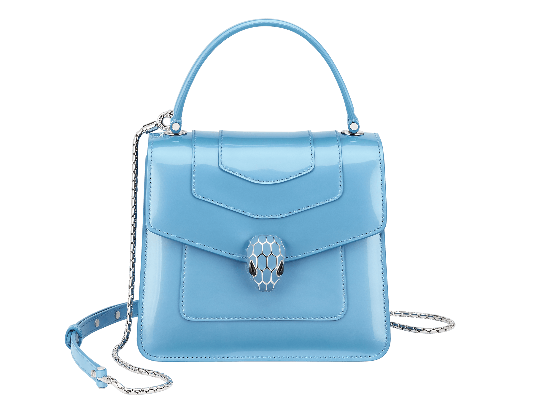 Serpenti Forever top handle bag in Niagara sapphire blue varnished calf leather with black gros grain lining. Captivating snakehead closure in palladium-plated brass embellished with matt Niagara sapphire blue enamel scales and black onyx eyes. 291322 image 1
