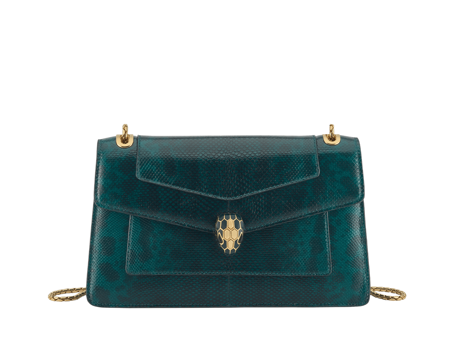 Serpenti Forever medium shoulder bag in forest emerald shiny karung with black nappa leather lining. Captivating snakehead magnetic closure in gold-plated brass embellished with forest emerald enamel and gold-plated brass scales, and black onyx eyes. 295625 image 1