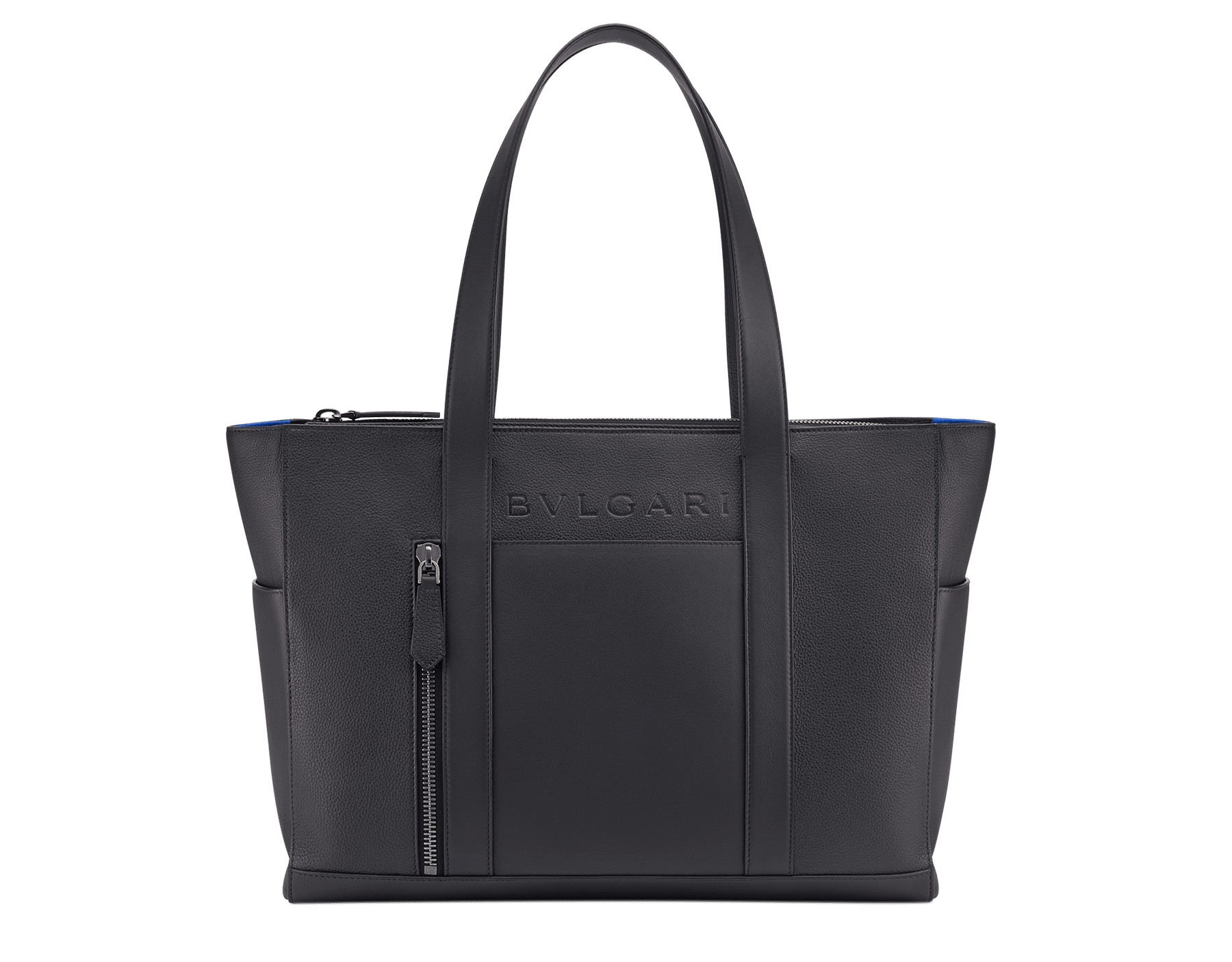 BULGARI Man large horizontal tote bag in ivy onyx grey smooth and grainy metal-free calf leather with Olympian sapphire blue regenerated nylon (ECONYL®) lining. Dark ruthenium-plated brass hardware, hot stamped BULGARI logo and zipped closure. BMA-1211-CL image 1