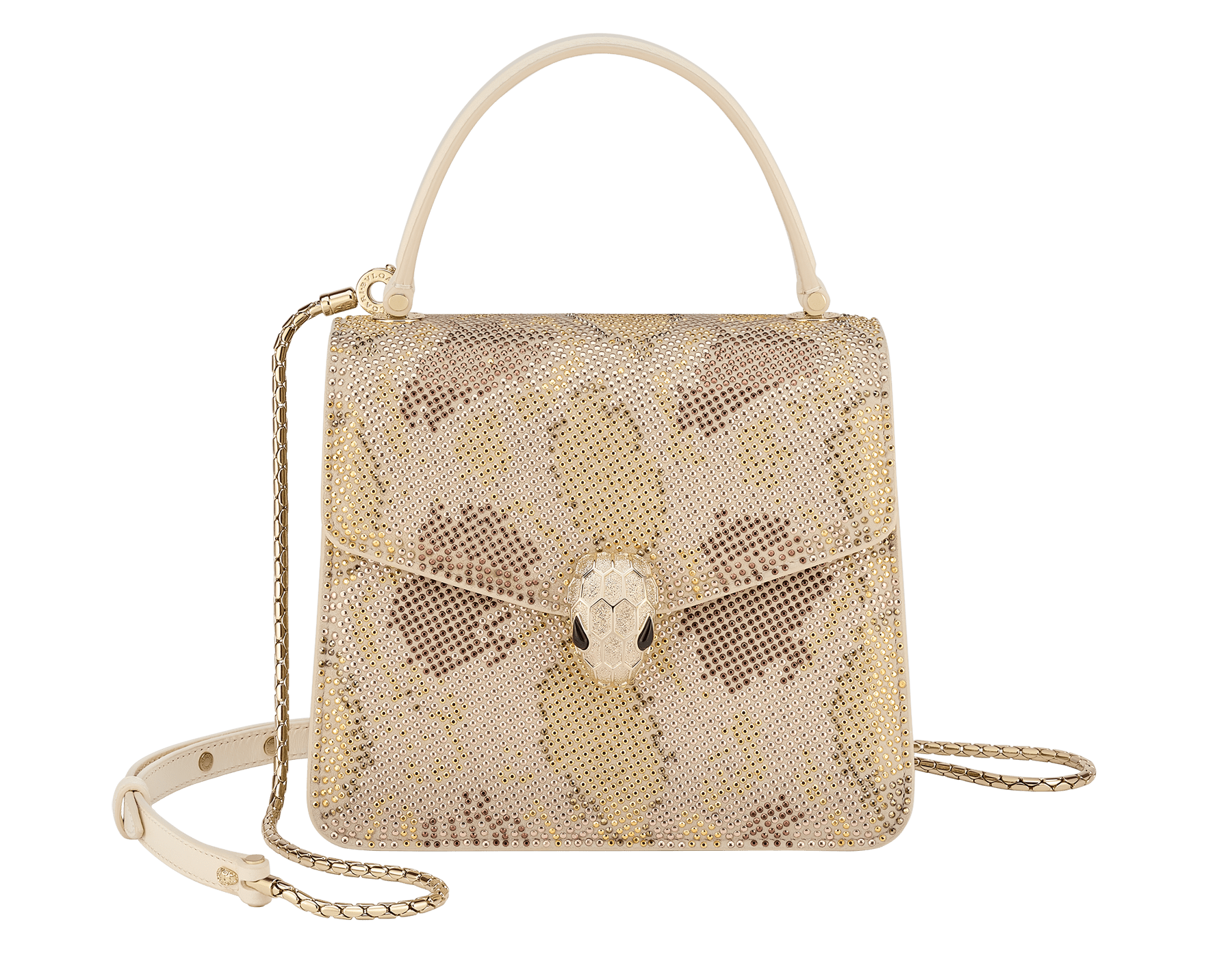 Serpenti Forever small top handle bag in natural suede with different-size crystals in various shades of gold, and black nappa leather lining. Captivating magnetic snakehead closure in light gold-plated brass embellished with "diamantatura" engraving on the scales and black onyx eyes. 292878 image 1