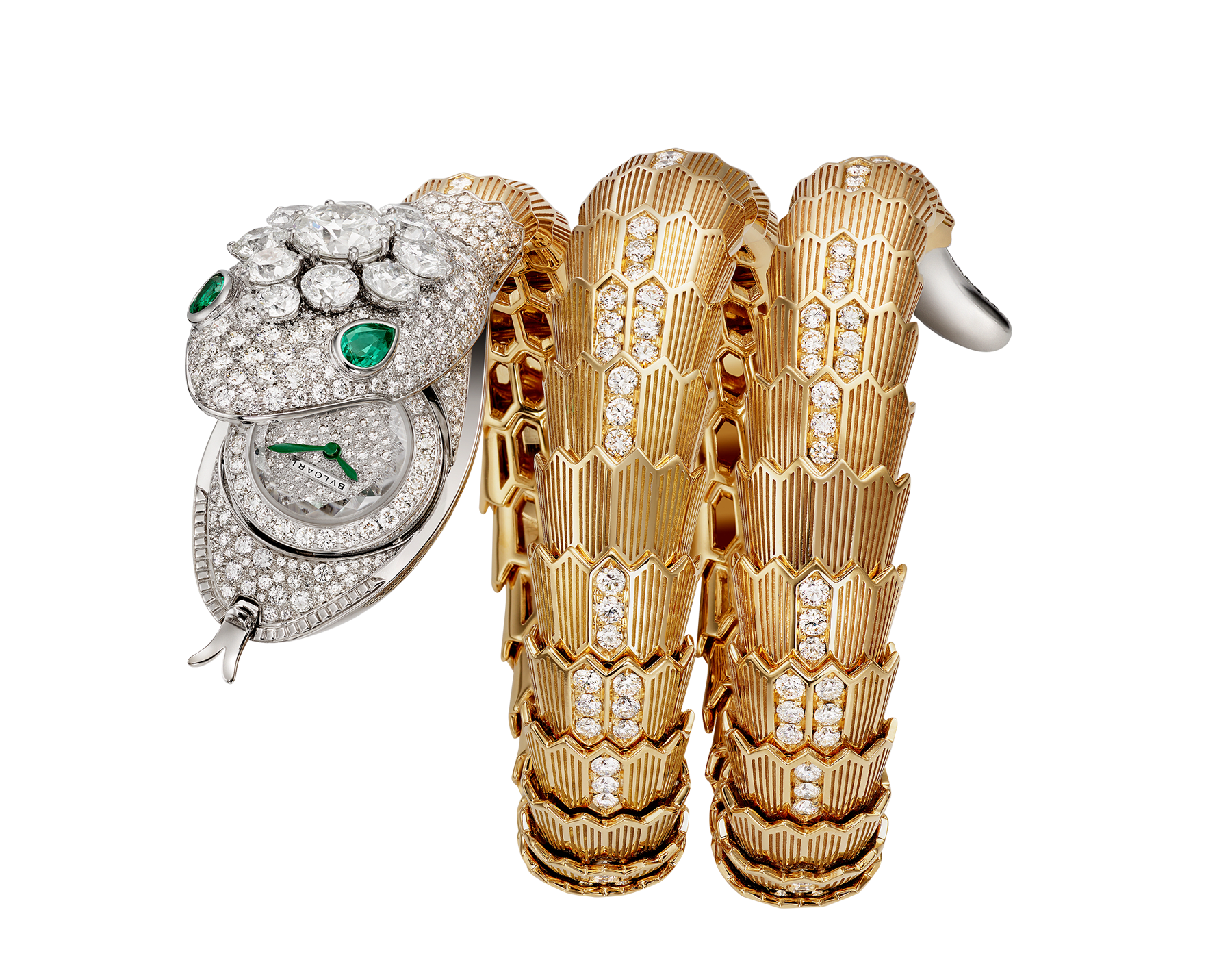 Serpenti Misteriosi High Jewellery secret watch with mechanical manufacture micro-movement with manual winding, 18 kt white and yellow gold case and bracelet set with brilliant-cut diamonds and two pear-cut emeralds and pavé-set diamond dial. 103561 image 1