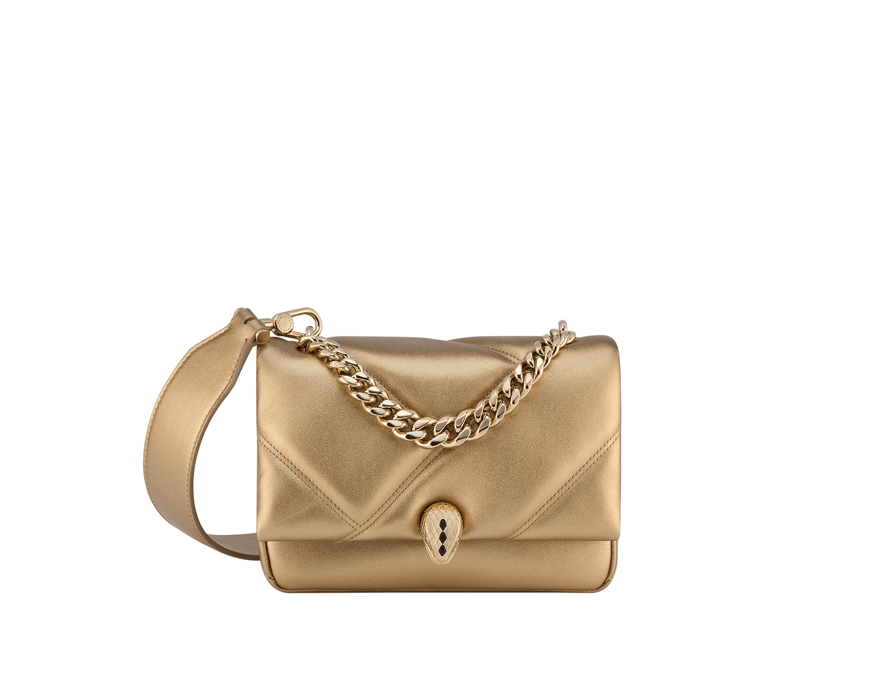 Serpenti Cabochon Maxi Chain mini crossbody bag in soft flash diamond calf leather with maxi graphic quilted motif and deep jade green nappa leather lining. Captivating snakehead magnetic closure in light gold-plated brass embellished with white mother-of-pearl scales and red enamel eyes. 1164-NSMa image 1