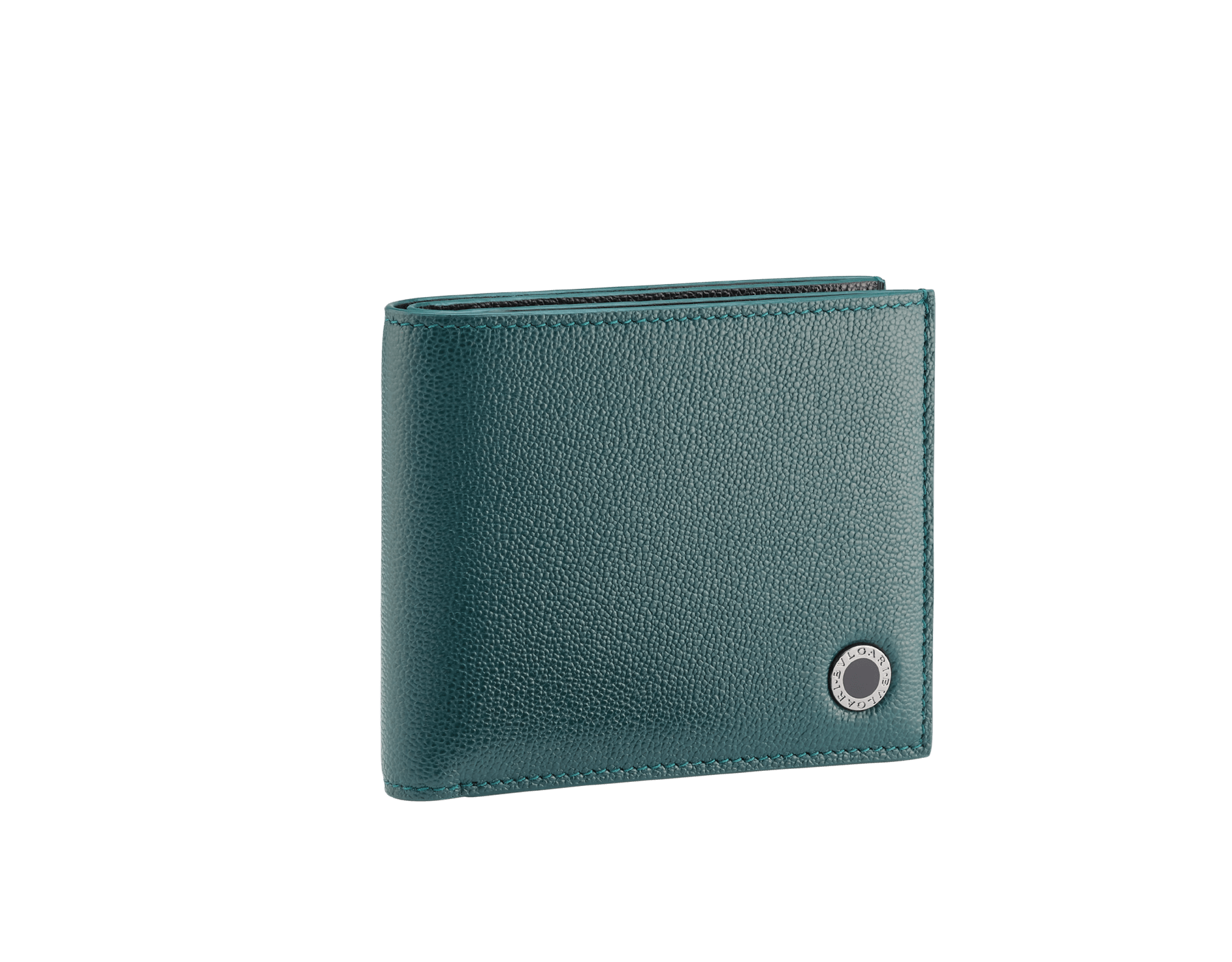 "BVLGARI BVLGARI" men's compact wallet in black and Forest Emerald green "Urban" grain calf leather. Iconic logo embellishment in dark ruthenium-plated brass with black enamelling. BBM-WLT2FASYM image 1
