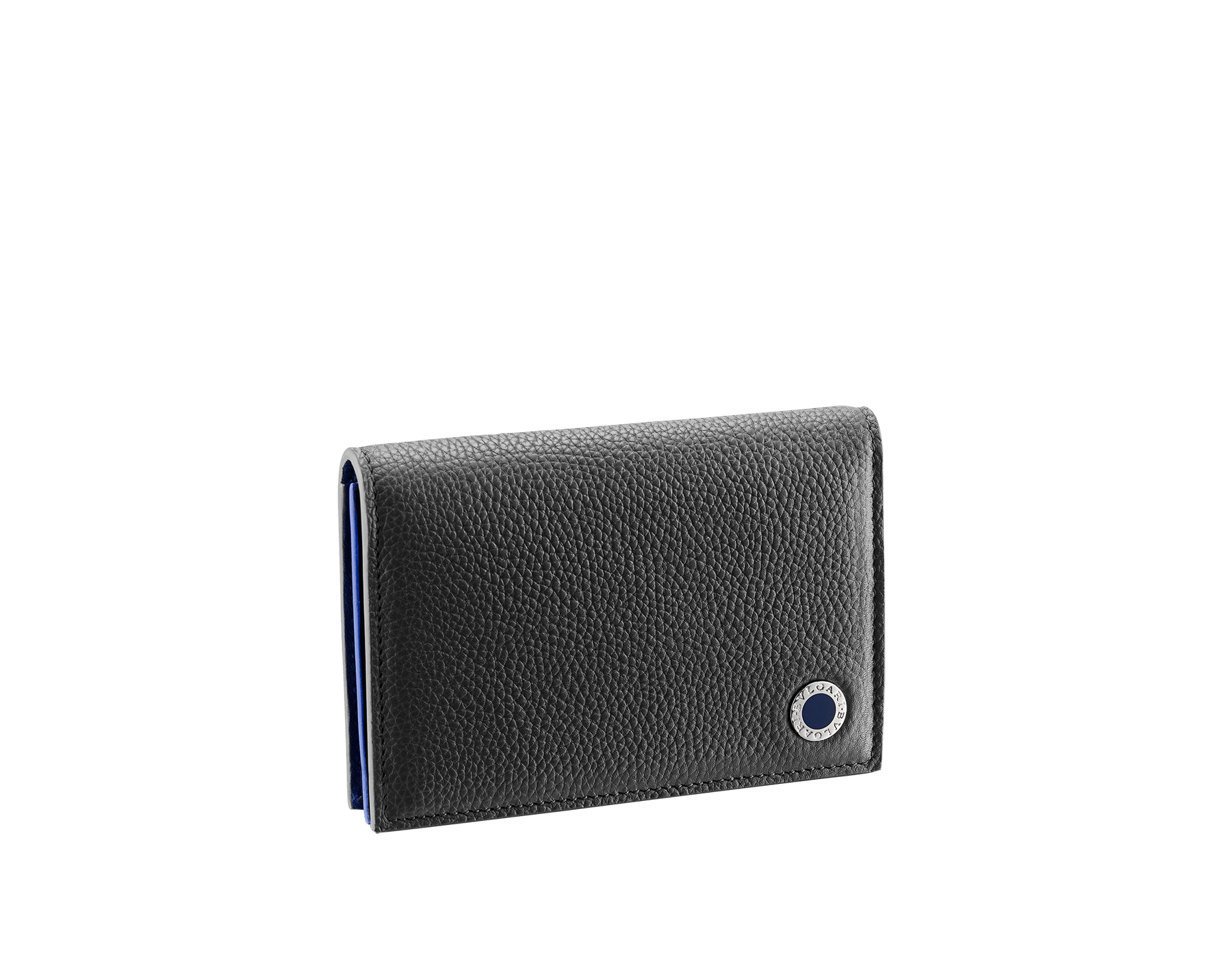 "BVLGARI BVLGARI" business card holder in denim sapphire soft full grain calf leather and capri turquoise calf leather, with brass palladium plated logo décor coloured in capri turquoise enamel. BBM-BC-HOLD-SIMPLE-sfgcl image 1