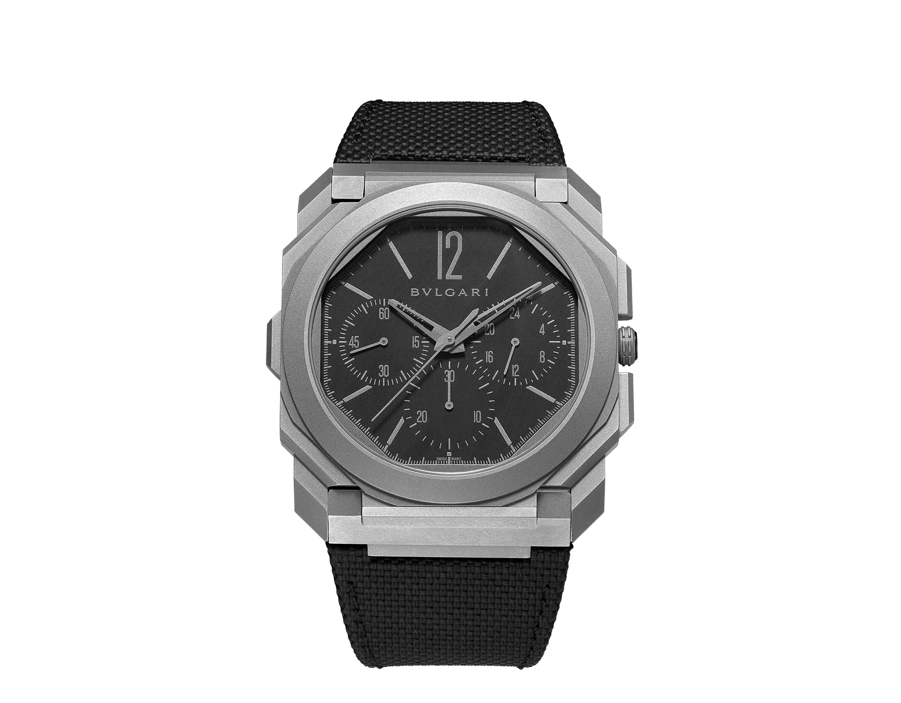 Octo Finissimo Chrono GMT watch with extra-thin mechanical manufacture chronograph and GMT movement, automatic winding with platinum peripheral rotor, titanium case, transparent case back, black dial and black rubber bracelet. Water-resistant up to 30 meters 103371 image 1
