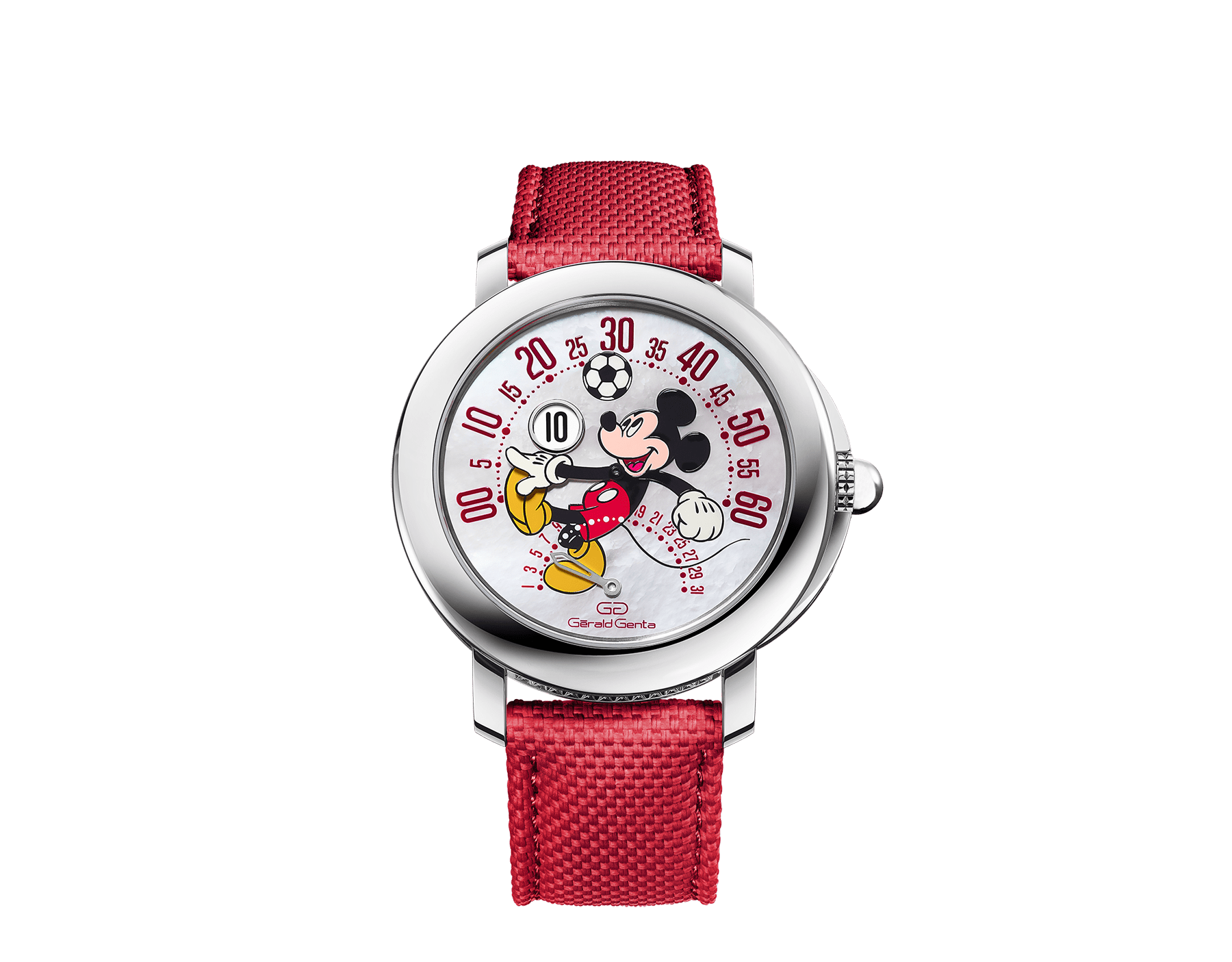 Gerald Genta Arena bi-retrograde watch with Disney’s Mickey Mouse playing football, mechanical manufacture movement with automatic bi-directional winding, jumping hours and retrograde minutes, 42 hours of power reserve, 41 mm polished stainless steel case, transparent case back, mother-of-pearl dial with lacquered Mickey Mouse arm hand and textured red rubber bracelet. Water-resistant up to 100 meters. Limited edition of 200 pieces. 103786 image 1
