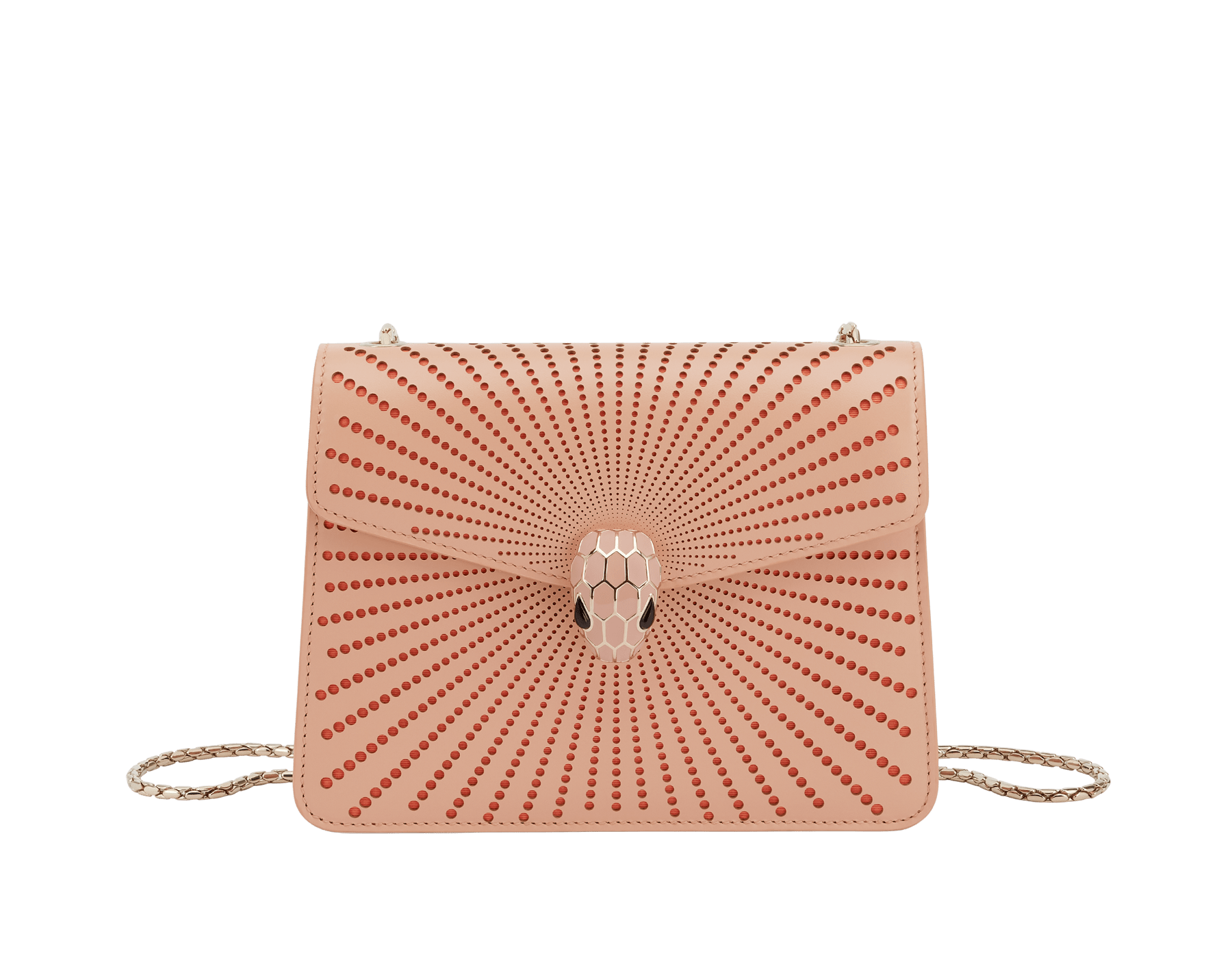 Serpenti Forever crossbody bag in ivory opal laser-cut calf leather with caramel topaz beige nappa leather lining. Captivating snakehead closure in light gold-plated brass embellished with matt and shiny ivory opal enamel scales and black onyx eyes. 422-LCL image 1