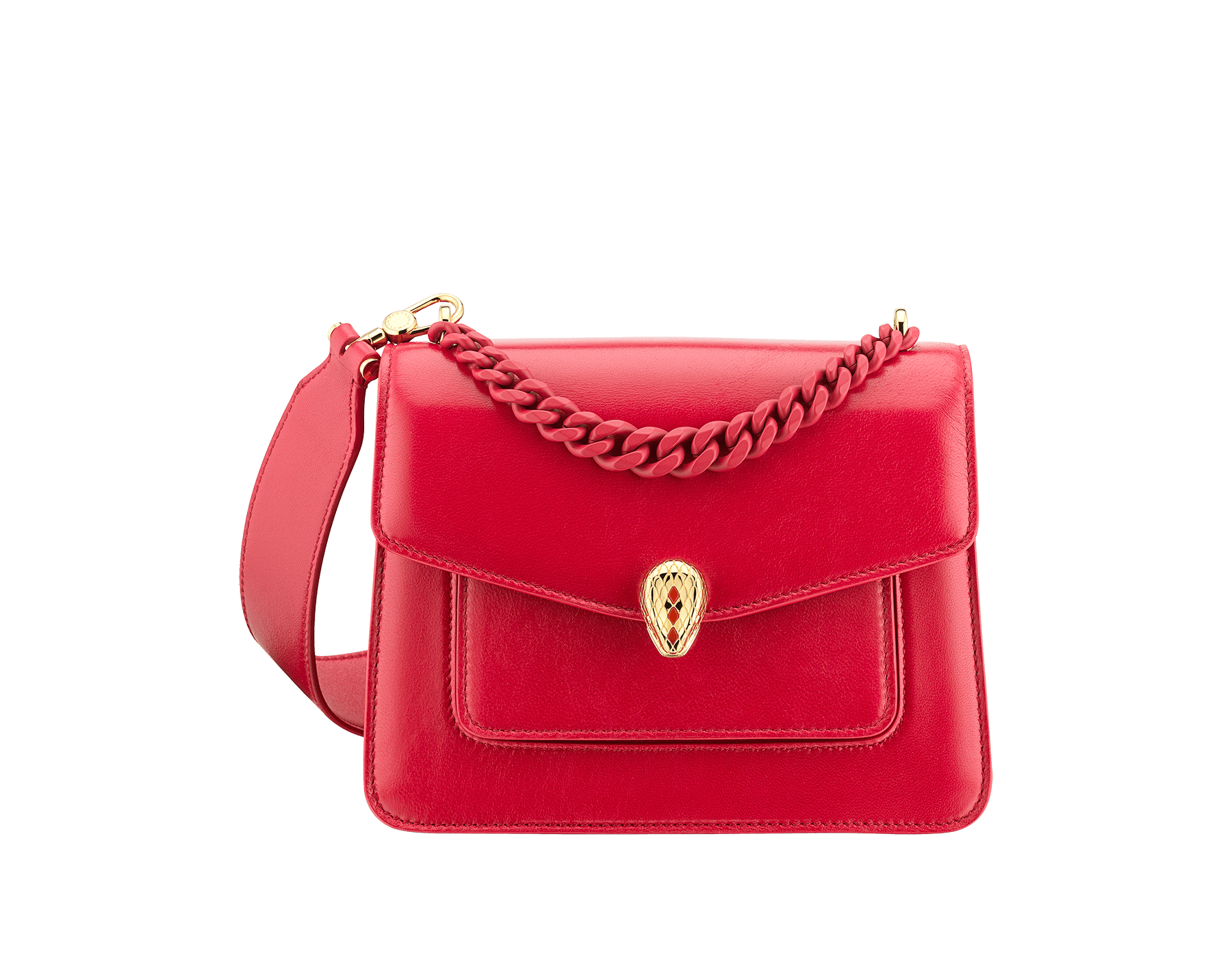 "Serpenti Forever" small maxi chain crossbody bag in Magenta Spinel purple nappa leather, with Roman Garnet bordeaux nappa leather internal lining. New Serpenti head closure in gold plated brass, finished with small purple rhodonite scales in the middle and red enamel eyes. 1134-MCNa image 1
