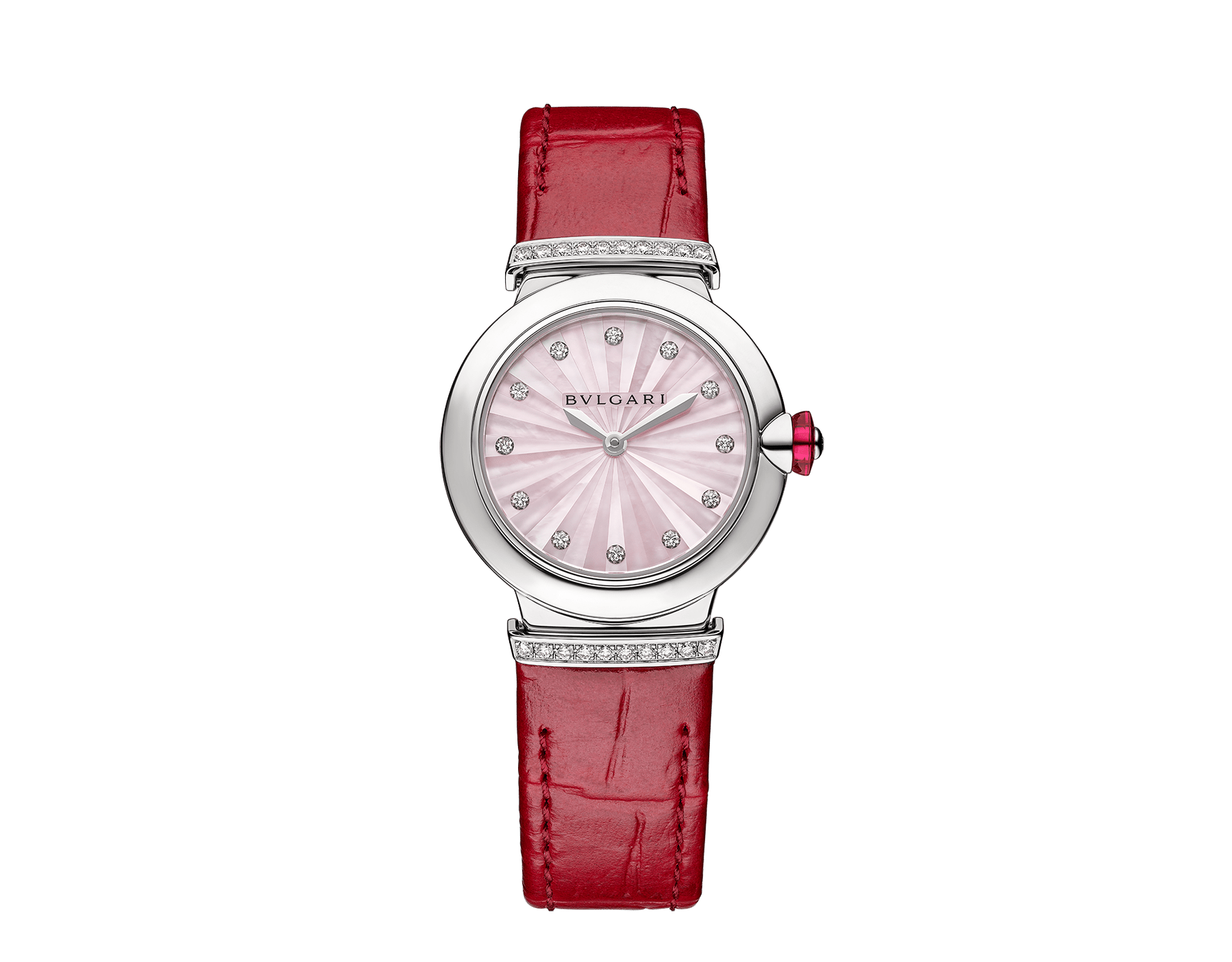 LVCEA watch with stainless steel case, stainless steel links set with brilliant-cut diamonds, pink mother-of-pearl marquetry dial, 12 diamond indexes and pink alligator bracelet. Water-resistant up to 50 metres. 103619 image 1