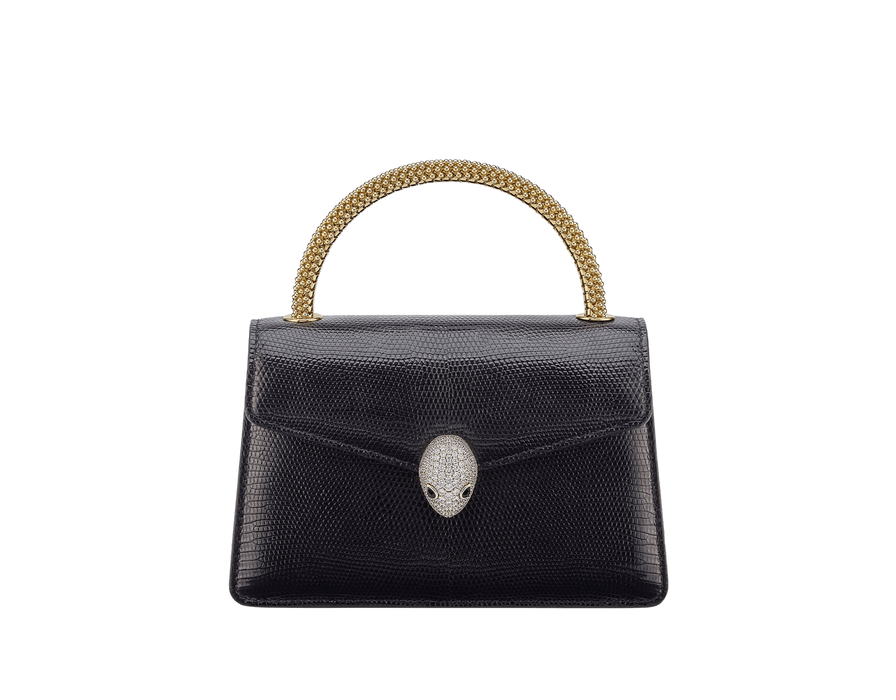 Mini borsa a mano Serpenti Pallini in lucertola nera con fodera in nappa nera. Accattivante impugnatura Pallini in ottone placcato oro e chiusura magnetica Serpenti in ottone placcato oro con pavé di zirconi e occhi in onice nera. 295058 image 1