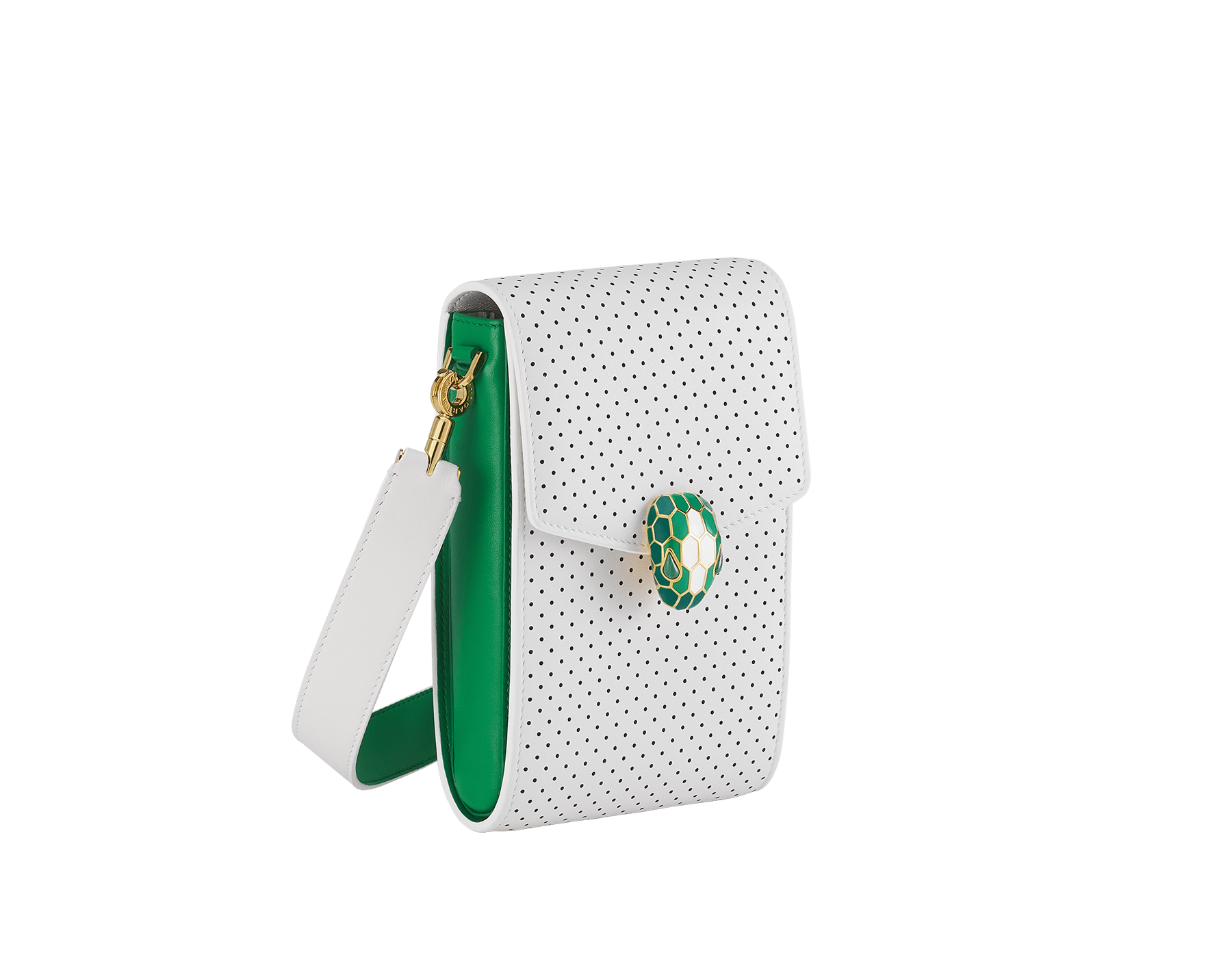 Casablanca x Bulgari small vertical pochette in white Tennis Groundstroke perforated calf leather with smooth tennis green calf leather on the sides and tennis green nappa leather lining. Captivating snakehead closure in gold-plated brass embellished with dégradé green and bright white enamel scales, and green malachite eyes. 292333 image 1