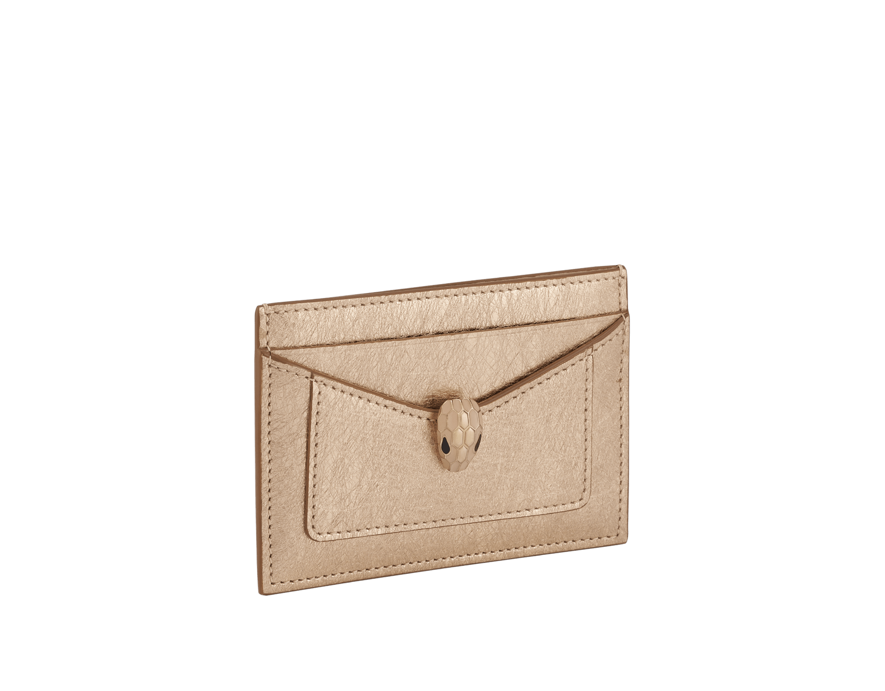 Serpenti Forever card holder in light gold Striated calf leather. Captivating snakehead décor in light gold-plated brass embellished with champagne enamel and light gold-plated brass scales, and black enamel eyes. SEA-CC-HOLDER-R image 1