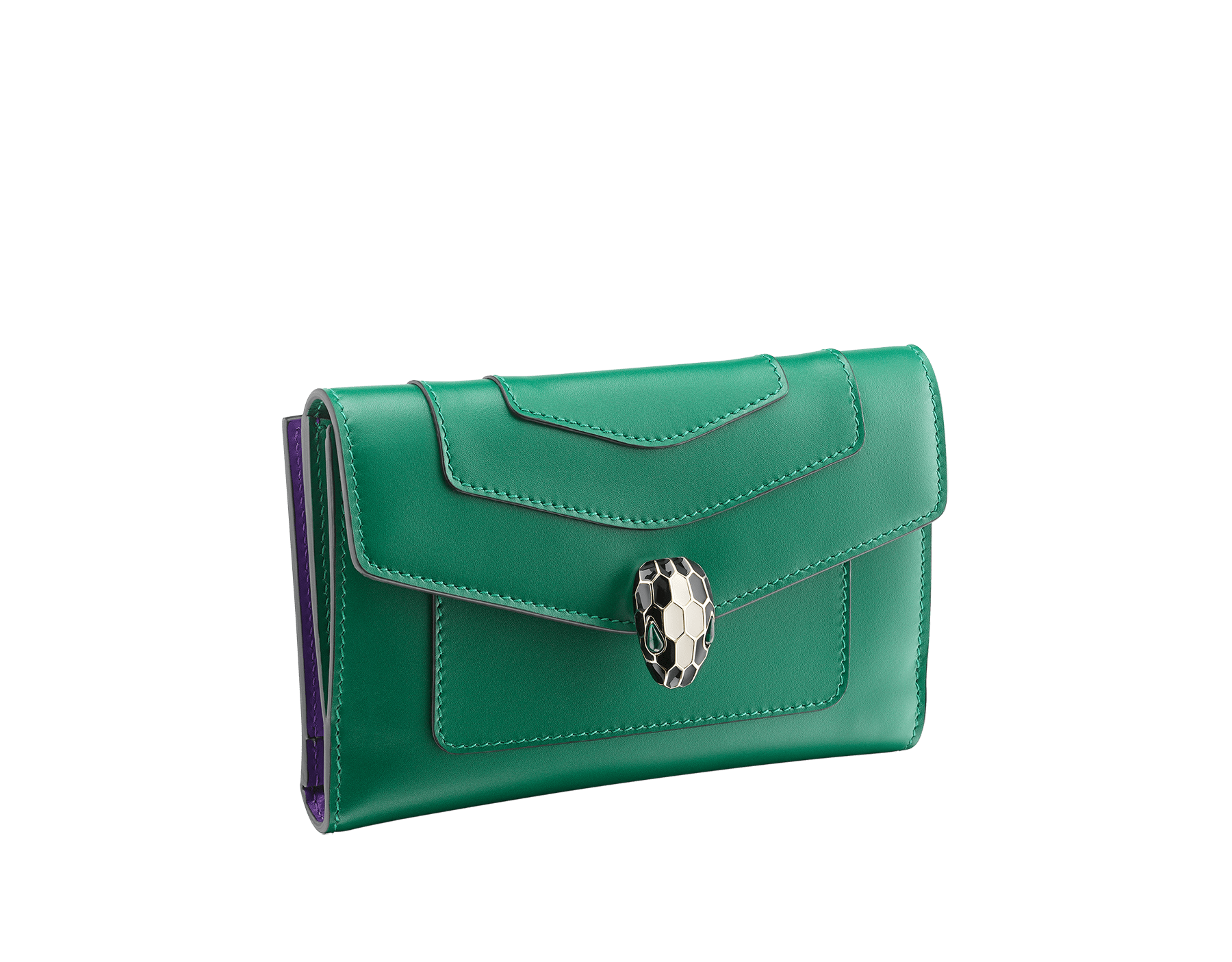 Serpenti Forever large wallet in emerald green calf leather with violet amethyst nappa leather interior. Captivating snakehead press button closure in light gold-plated brass embellished with black and white agate enamel scales and green malachite eyes. 291854 image 1