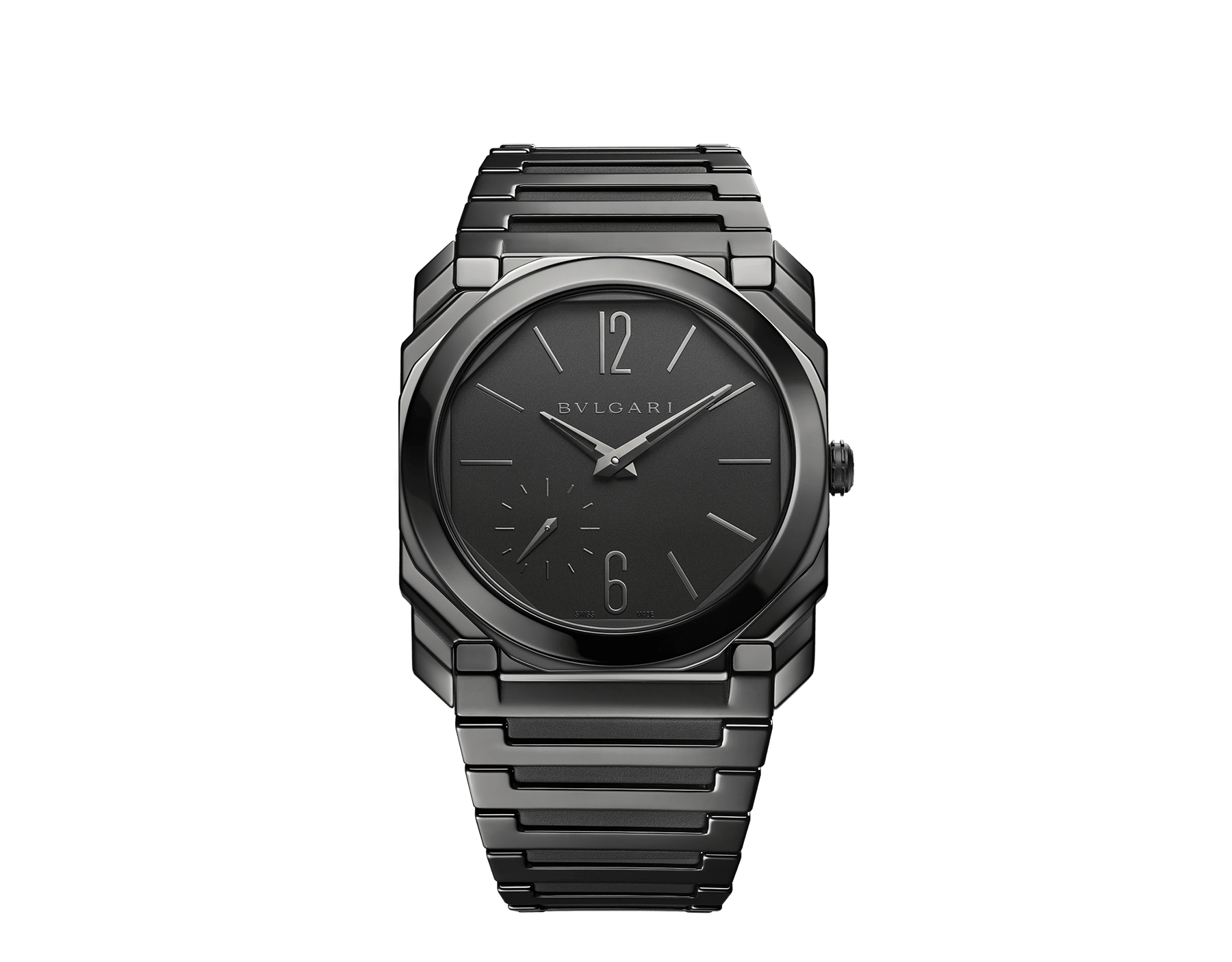 Octo Finissimo watch in sandblasted polished black ceramic with extra-thin mechanical manufacture movement, automatic winding, platinum microrotor, small seconds, transparent case back and sandblasted black ceramic dial. Water-resistant up to 30 metres 103368 image 1