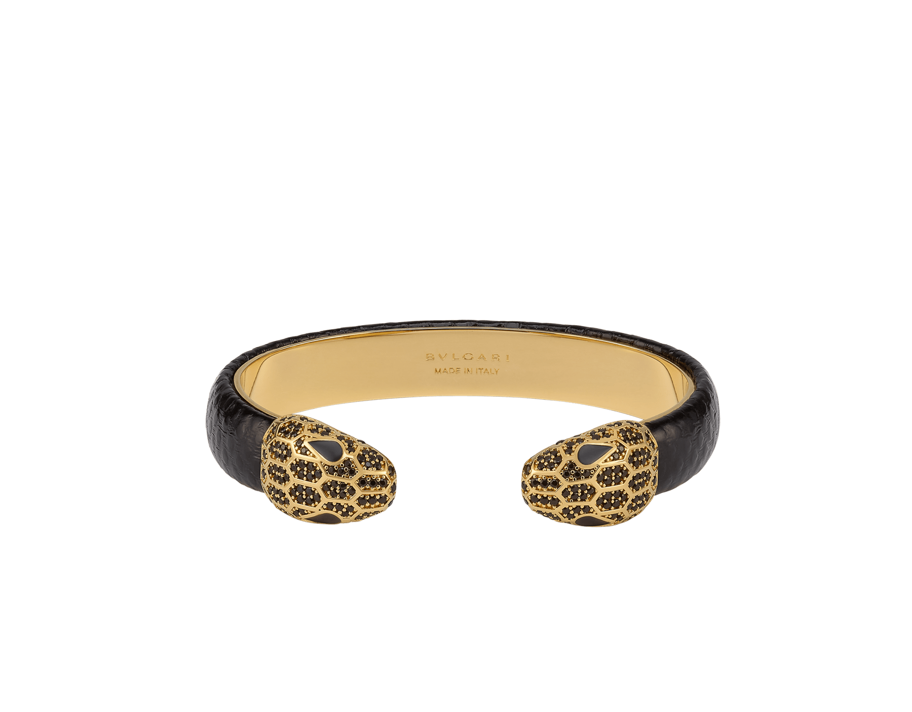 Bracciale rigido Serpenti Forever in ottone placcato oro con inserti in karung nero. Accattivante motivo Serpenti contraire con squame in pavé di zirconia nera e occhi in smalto nero. BRACLT-SP-CONTR image 1