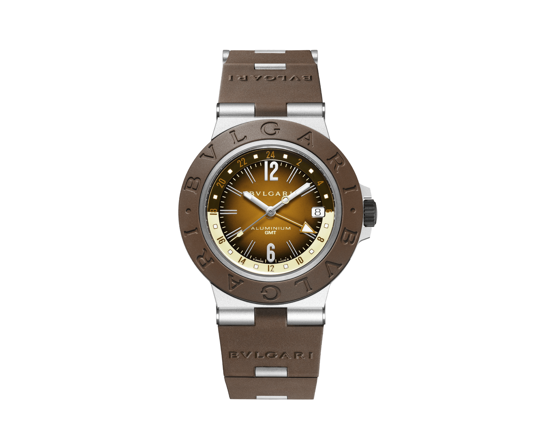 Bvlgari Aluminium GMT x Fender® 腕錶，搭載機械機芯，自動上鍊，GMT 24 小時顯示，錶徑 40 公釐，鋁合金錶殼，棕色橡膠錶圈和錶帶，棕色和奶油色漸層錶盤。全球限量 1,200 只。 104117 image 1