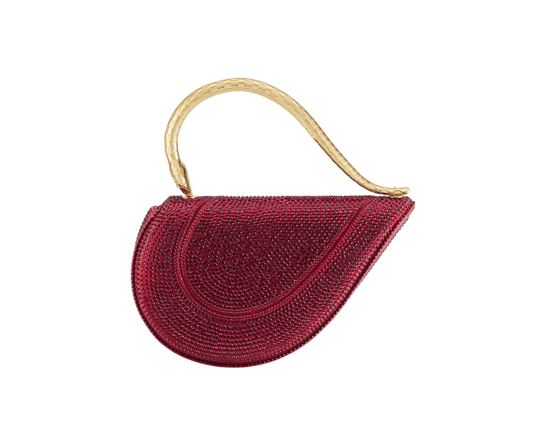Serpenti Cuore 1968 Henkeltasche aus Wildleder mit Neige Pavé Crystals in Gold und einem Futter aus Nappaleder in Bright Travertino. Faszinierender Henkel in Schlangenkörperform aus vergoldetem Messing mit gravierten Schuppen sowie Augen aus Zirkonia; Druckknopfverschluss. SRN-001-1367S-CRYS image 1