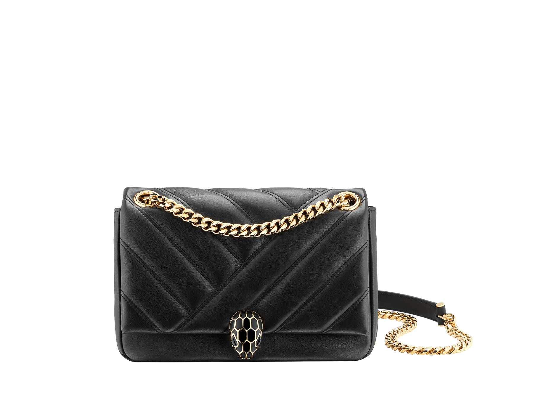 Serpenti Cabochon small shoulder bag in white agate soft matelassé calf leather with black nappa leather lining. Captivating snakehead closure in light gold-plated brass embellished with shiny black and white agate enamel scales and black onyx eyes. 1094-NSM image 1
