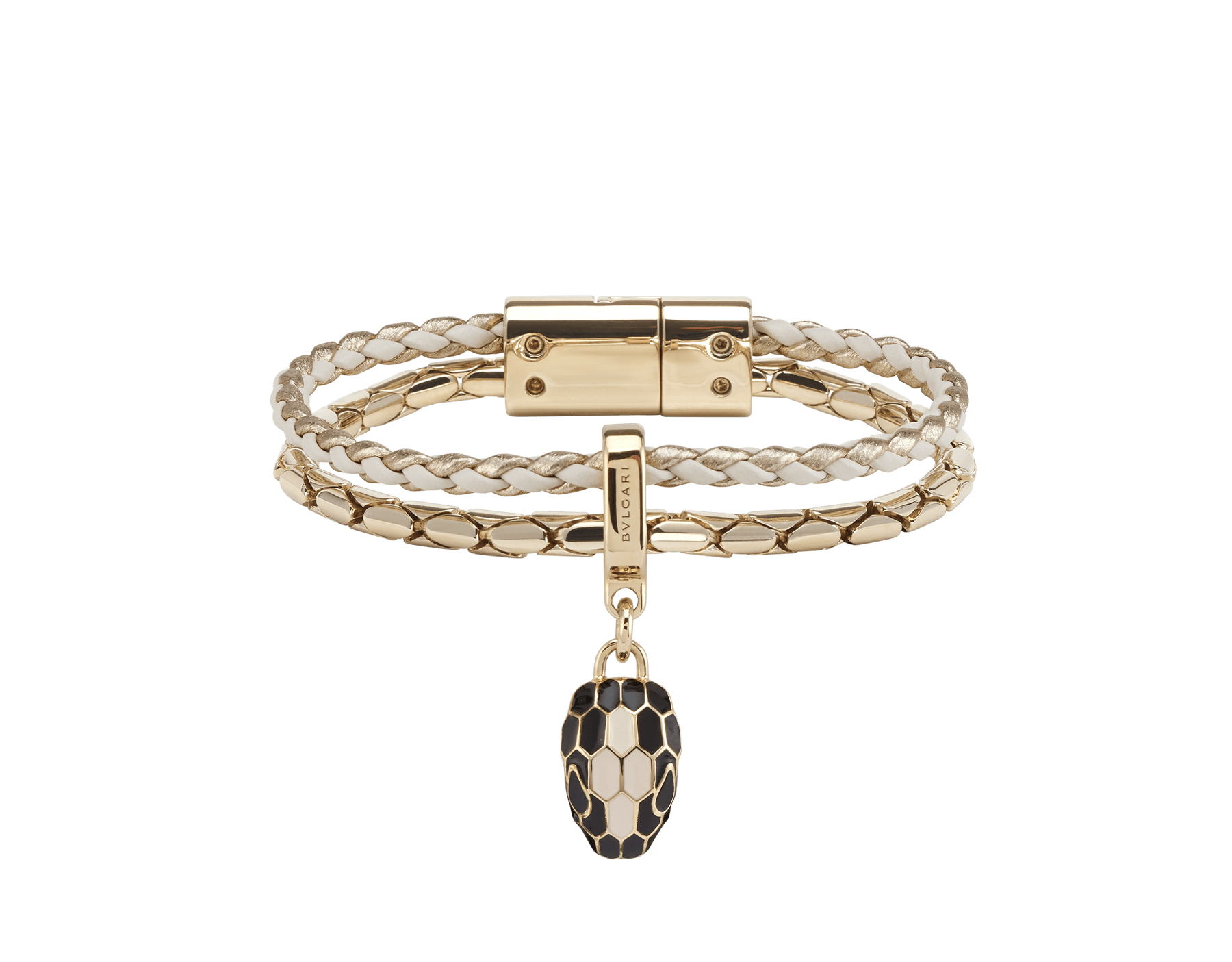 Serpenti Forever bracelet in white agate braided calf leather and light gold-plated brass snake-inspired chain with magnetic clasp closure. Captivating snakehead charm with black and white agate enamel scales and black enamel eyes. SERP-BRAIDCHAIN-WCL-WA image 1