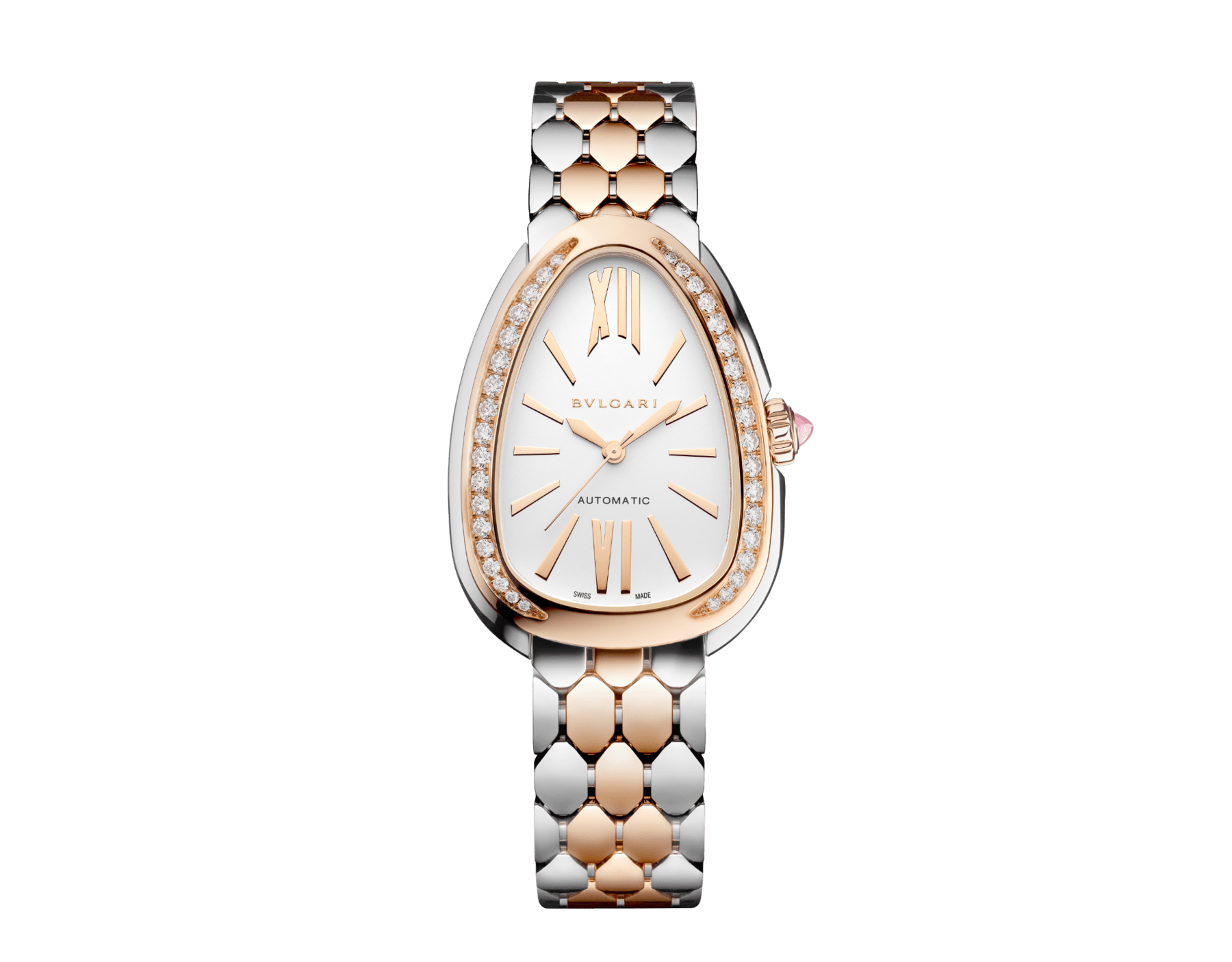Serpenti Seduttori automatic watch in 18 kt rose gold and stainless steel with diamond-set bezel and white opaline dial. Water-resistant up to 30 metres 104058 image 1