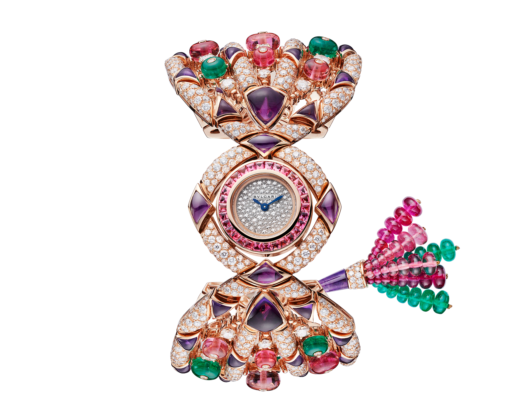 Gemma watch with 18 kt rose gold case set with buff-cut tourmalines, brilliant-cut diamonds and amethyst elements, snow pavé dial, 18 kt rose gold bracelet set with brilliant-cut diamonds, amethyst elements, tourmaline, rubellite and emerald beads 102243 image 1