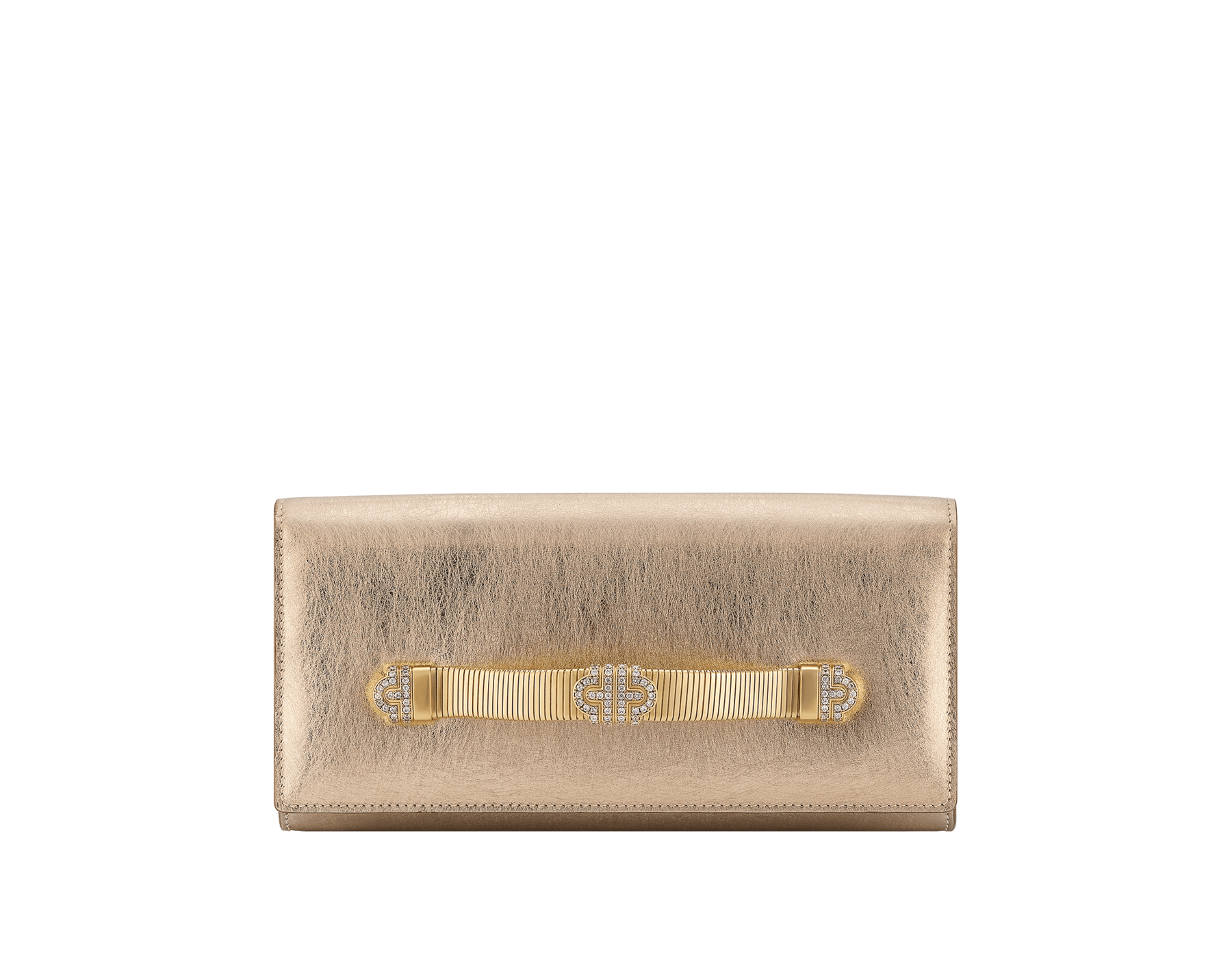 Bvlgari Tubogas evening clutch in gold striated calfskin with crystal rose nappa leather lining. Iconic Tubogas handle in gold-plated brass embellished with zirconia and a magnetic closure. 295188 image 1