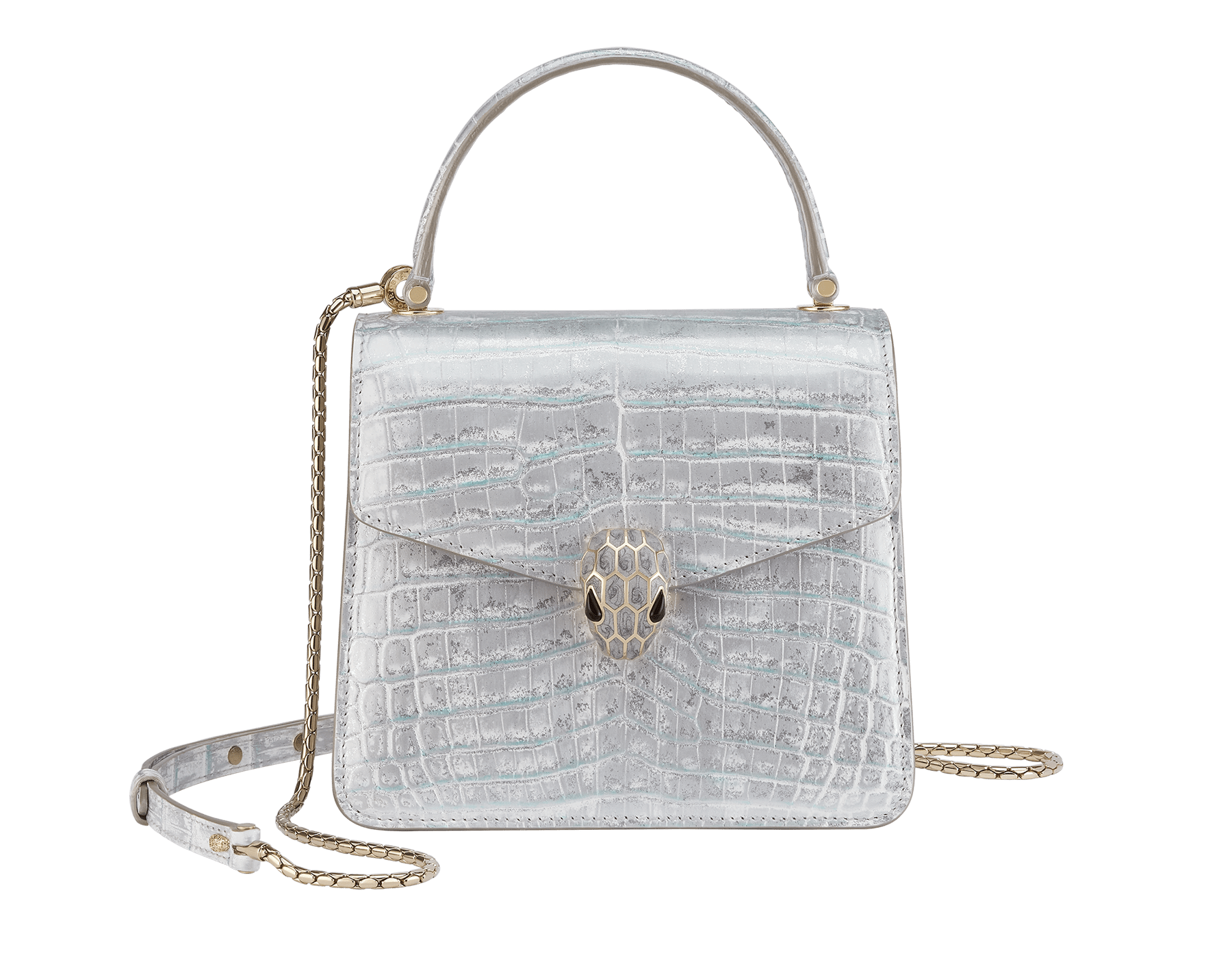 Serpenti Forever small top handle bag in white Snow Crystal crocodile skin with black nappa leather lining. Captivating snakehead press-stud closure in light gold-plated brass embellished with matte silver enamel scales and black onyx eyes. 292926 image 1