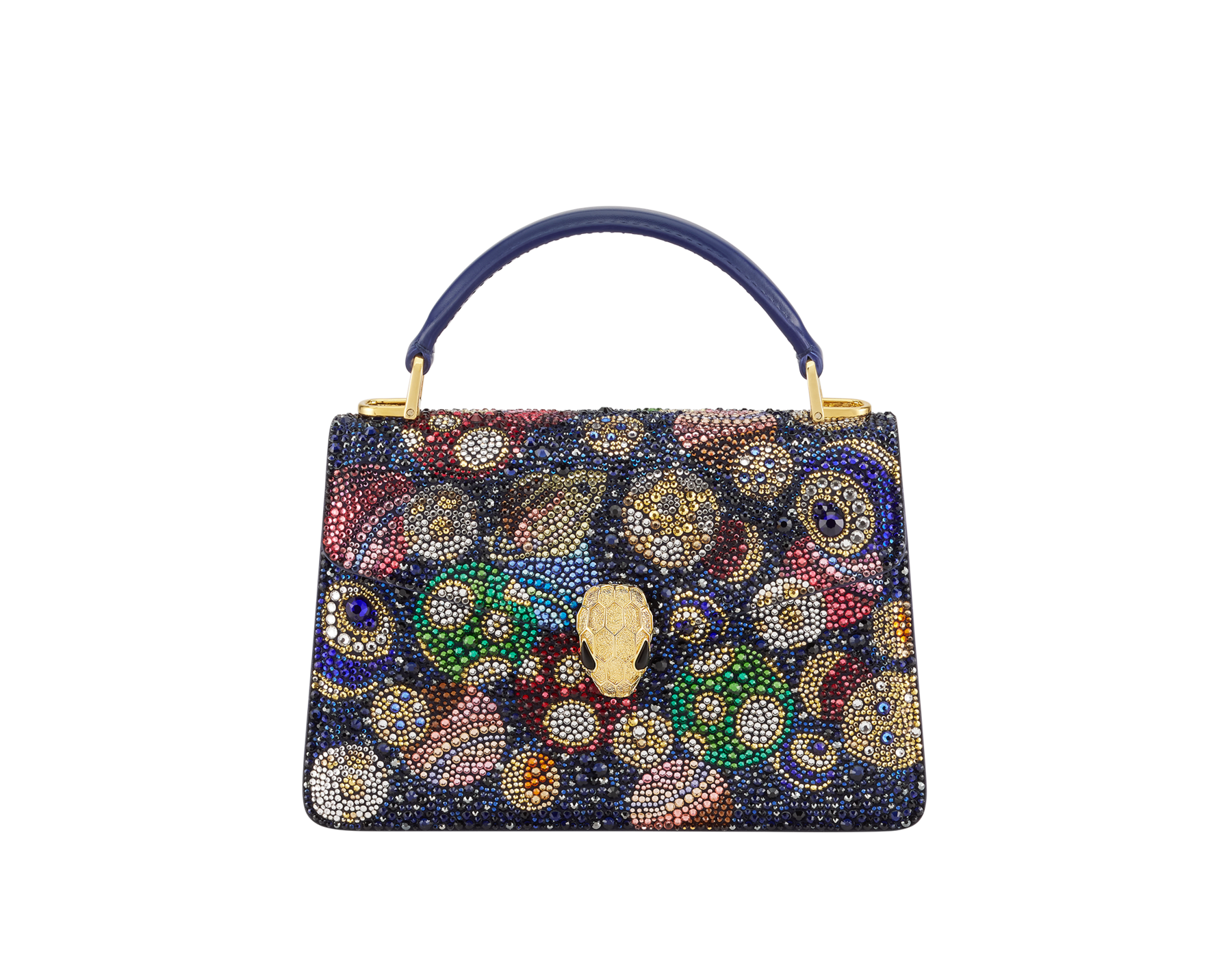 Sac à main Serpenti Forever mini modèle avec cristaux Galaxy bleu marine et doublure en cuir nappa lapis-lazuli. Captivant fermoir magnétique Serpenti en laiton doré rehaussé d’écailles à gravure taille diamant, avec des yeux en onyx noir. 295718 image 1