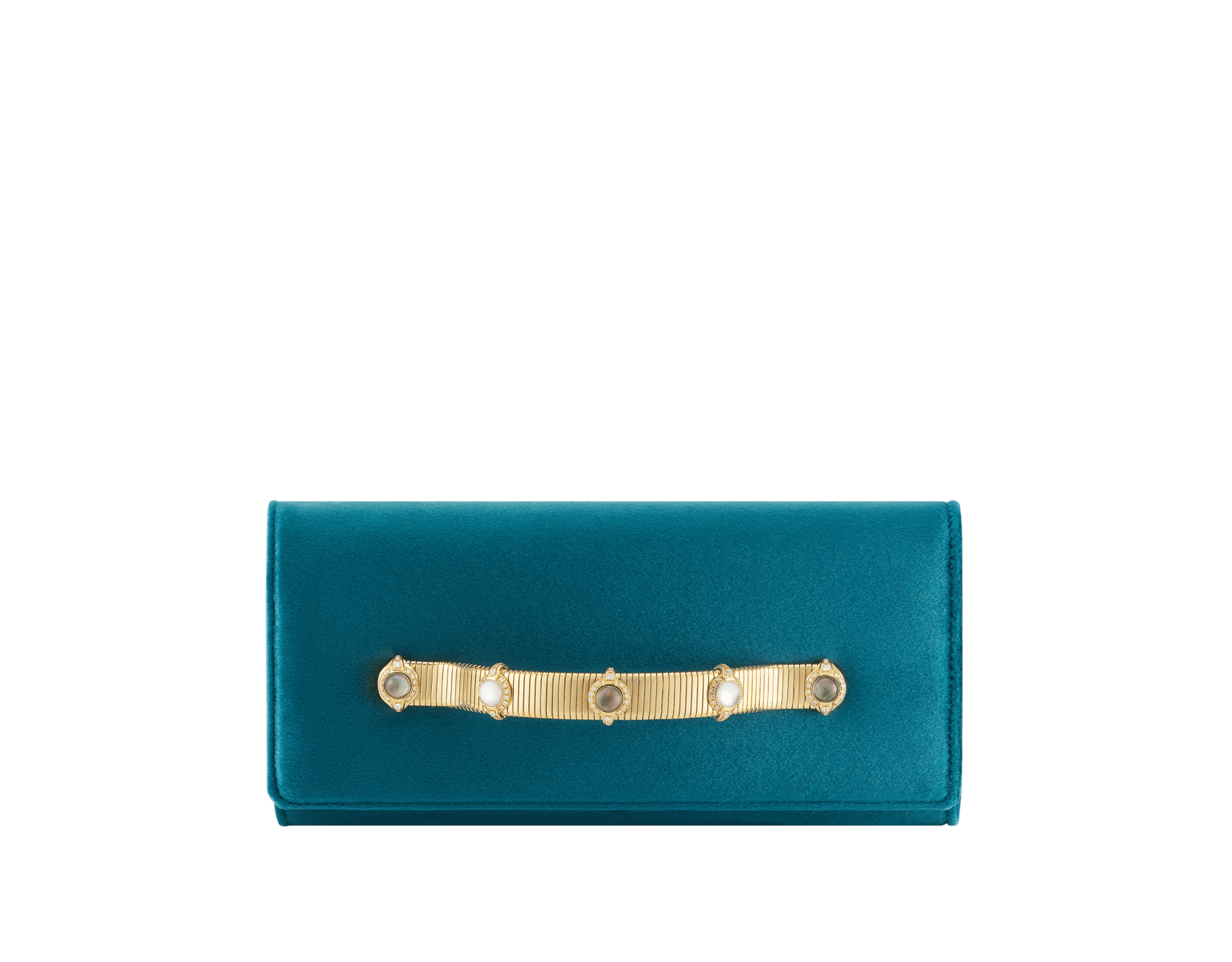 Pochette de soirée Bvlgari Tubogas Cabochon en velours noir avec doublure en cuir nappa noir. Poignée Tubogas emblématique en laiton doré ornée de pierres colorées taille cabochon, de zircones et d’un fermoir magnétique. TGC-001-1393S-velvet image 1