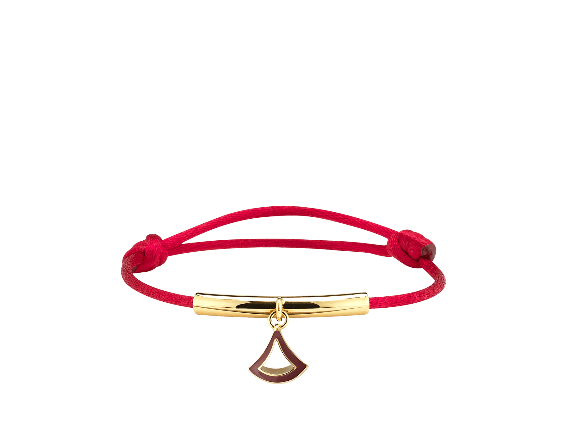 "Diva's Dream" bracelet in ruby red fabric with a gold-plated brass plate. Distinctive Diva charm in gold-plated brass enamelled in ruby red. DIVAMINISTRINGb image 1