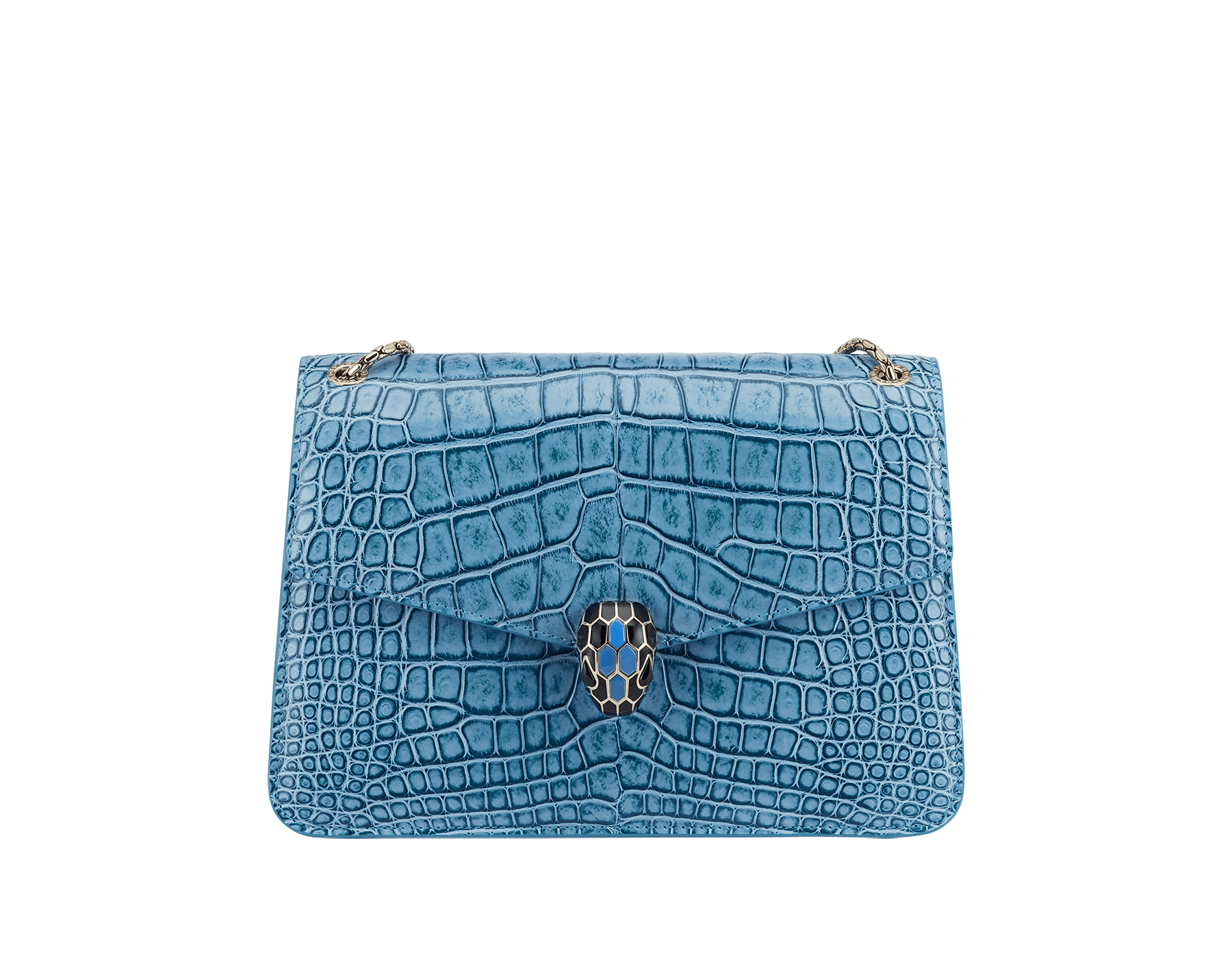 Serpenti Forever shoulder bag in Niagara sapphire blue Cloudy alligator skin with black nappa leather lining. Captivating snakehead closure in light gold-plated brass embellished with black enamel scales, blue jade scales in the centre and black onyx eyes. 291478 image 1
