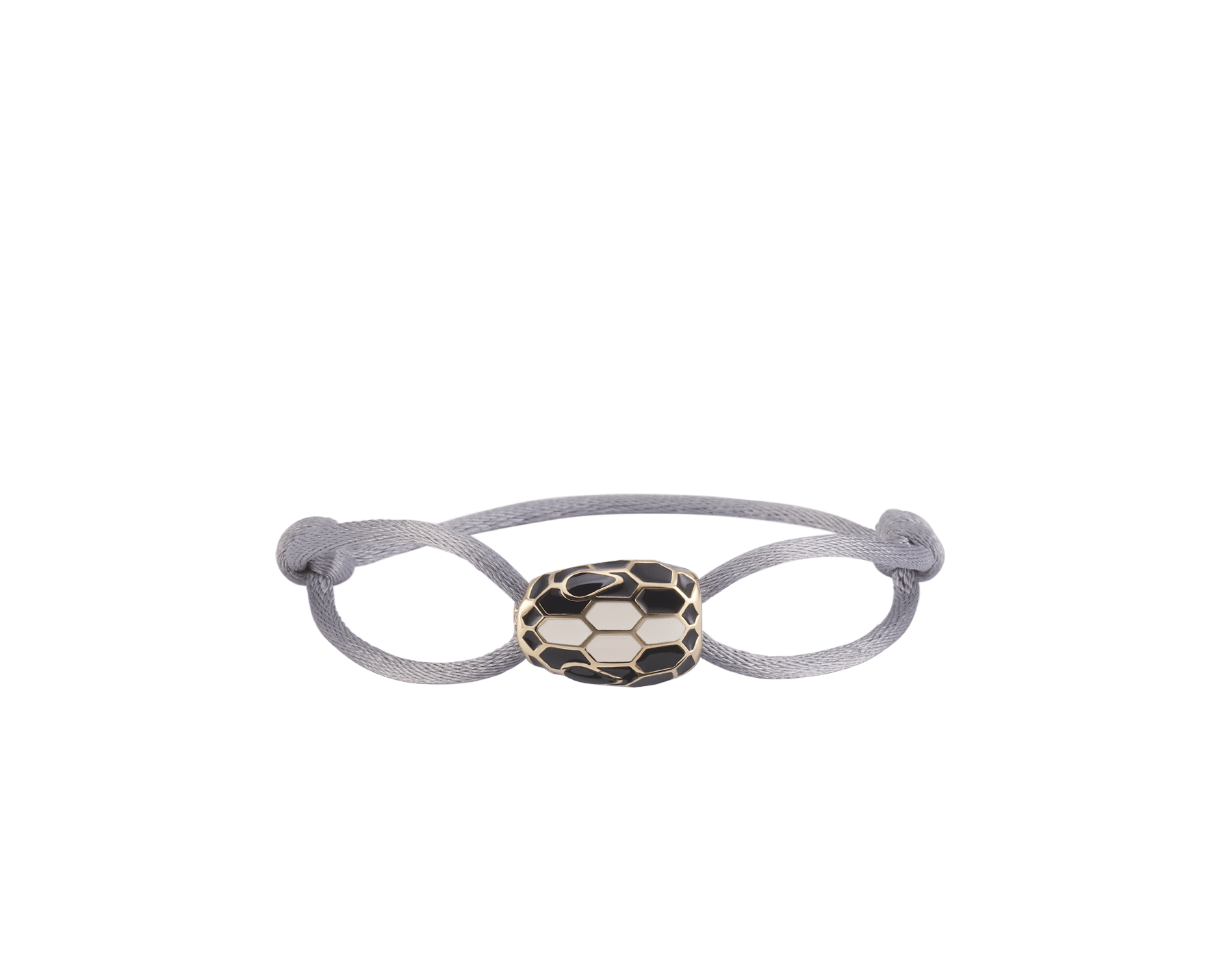 Serpenti Forever bracelet in foggy opal gray fabric. Captivating light gold-plated brass snakehead embellishment with black and white agate enamel scales and black enamel eyes. SERP-STRINGf image 1