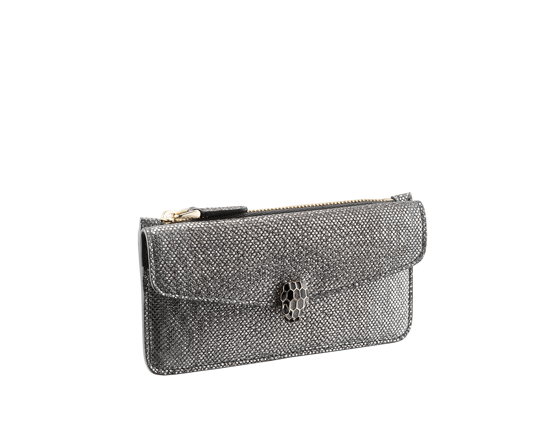 "Serpenti Forever" card holder in Milky Opal beige metallic karung skin and Milky Opal beige calf leather. Light gold-plated brass iconic snakehead stud closure enamelled in black and glittery Milky Opal beige, with black enamel eyes. SEA-CC-HOLDER-ZIP-MK image 1