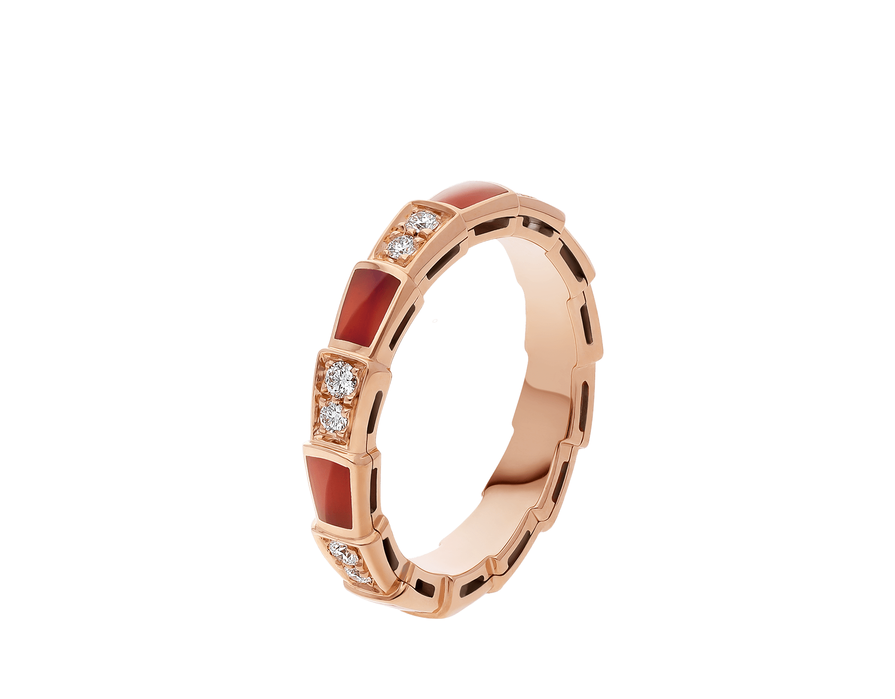 Serpenti Viper band ring in 18 kt rose gold, set with carnelian elements and pavé diamonds. AN857926 image 1