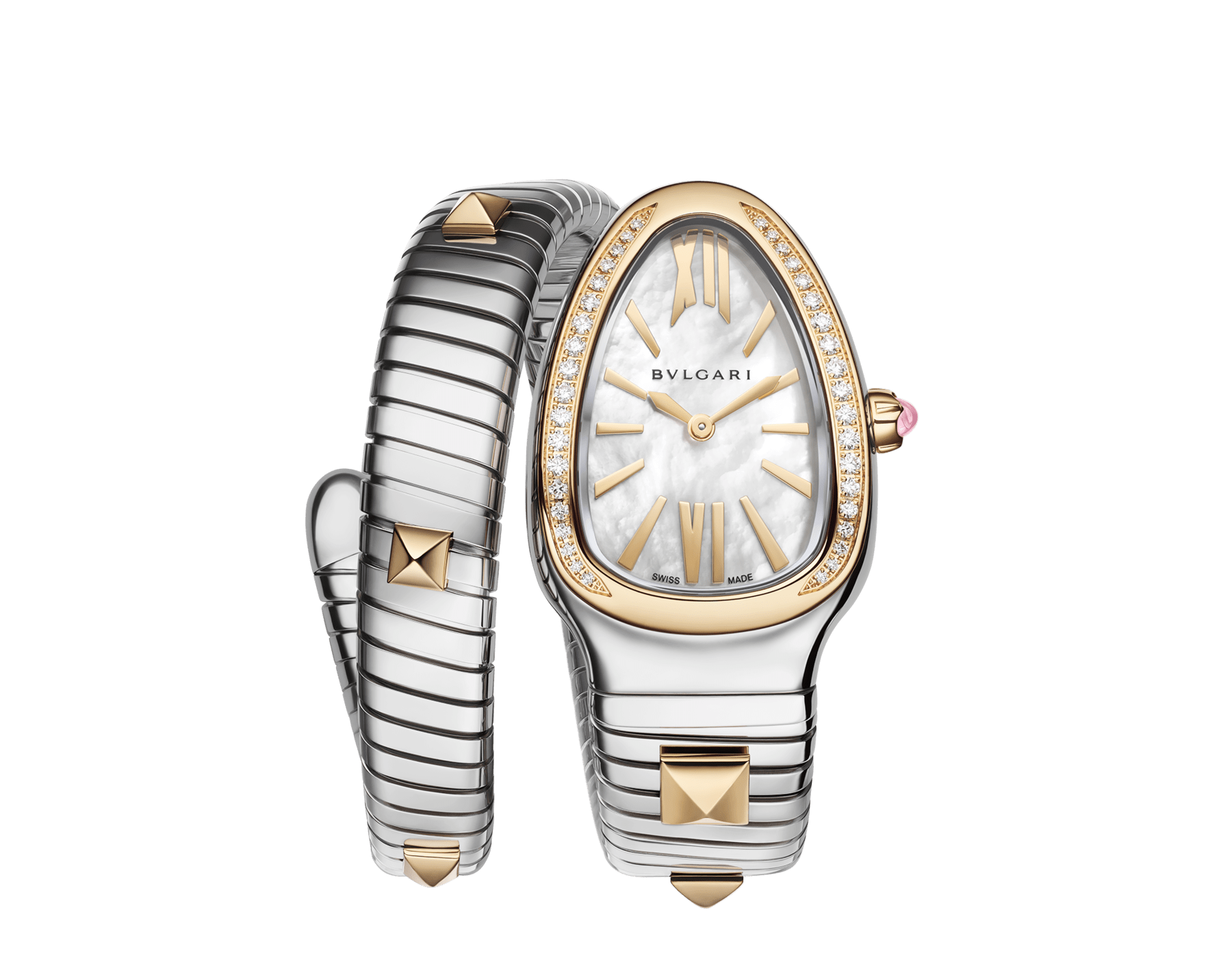 Serpenti Tubogas Studs Capsule single-spiral watch in stainless steel with 18 kt yellow gold diamond-set bezel, 18 kt yellow gold studs on the bracelet, and mother-of-pearl dial. Water-resistant up to 30 metres. Serpenti-Tubogas-Studs-Capsule image 1