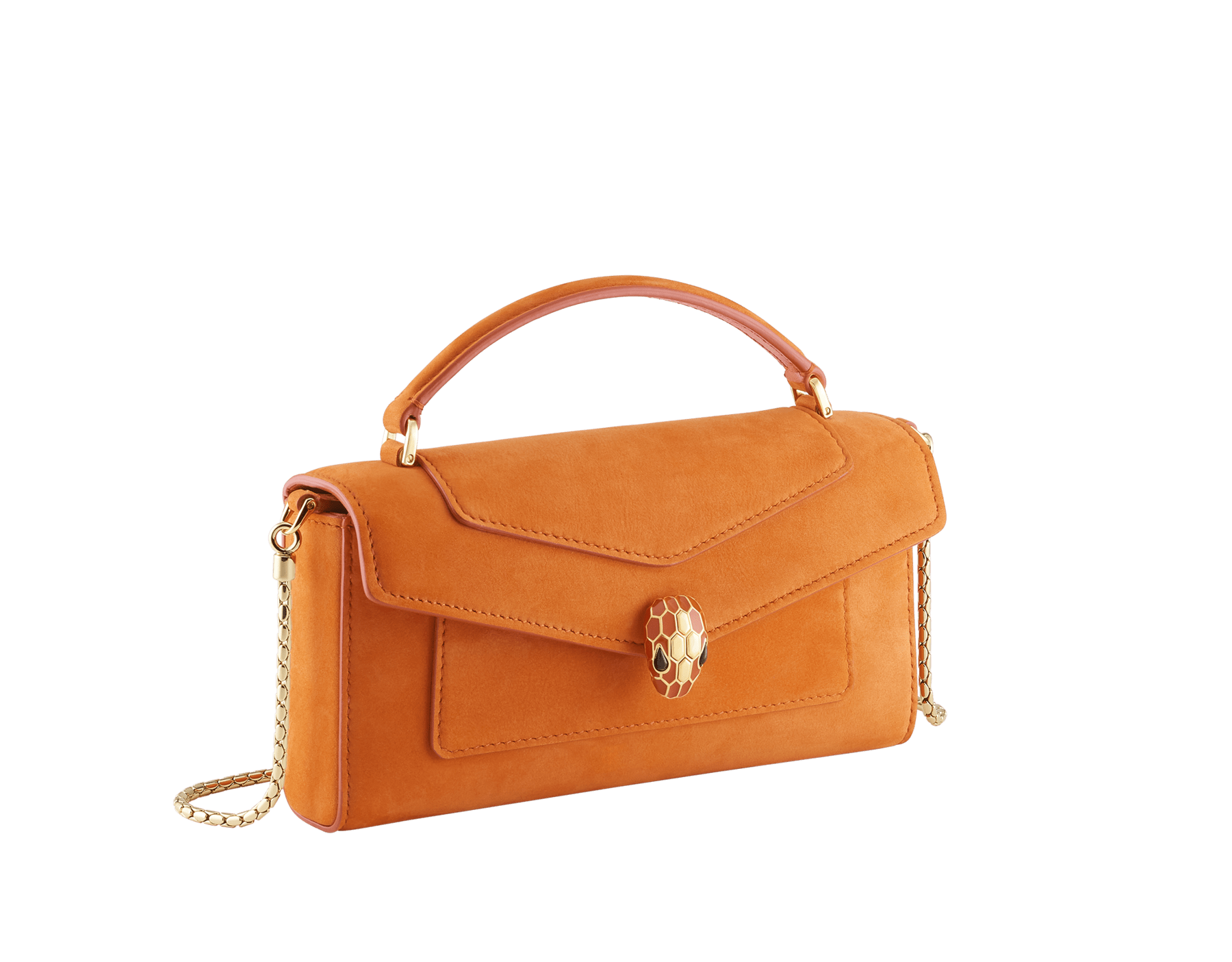 Étui pour téléphone Serpenti Forever en cuir nubuck couleur terracotta. Captivant fermoir magnétique Serpenti en laiton doré rehaussé d’écailles en émail couleur terracotta et laiton doré et d’yeux en onyx noir. 295636 image 1
