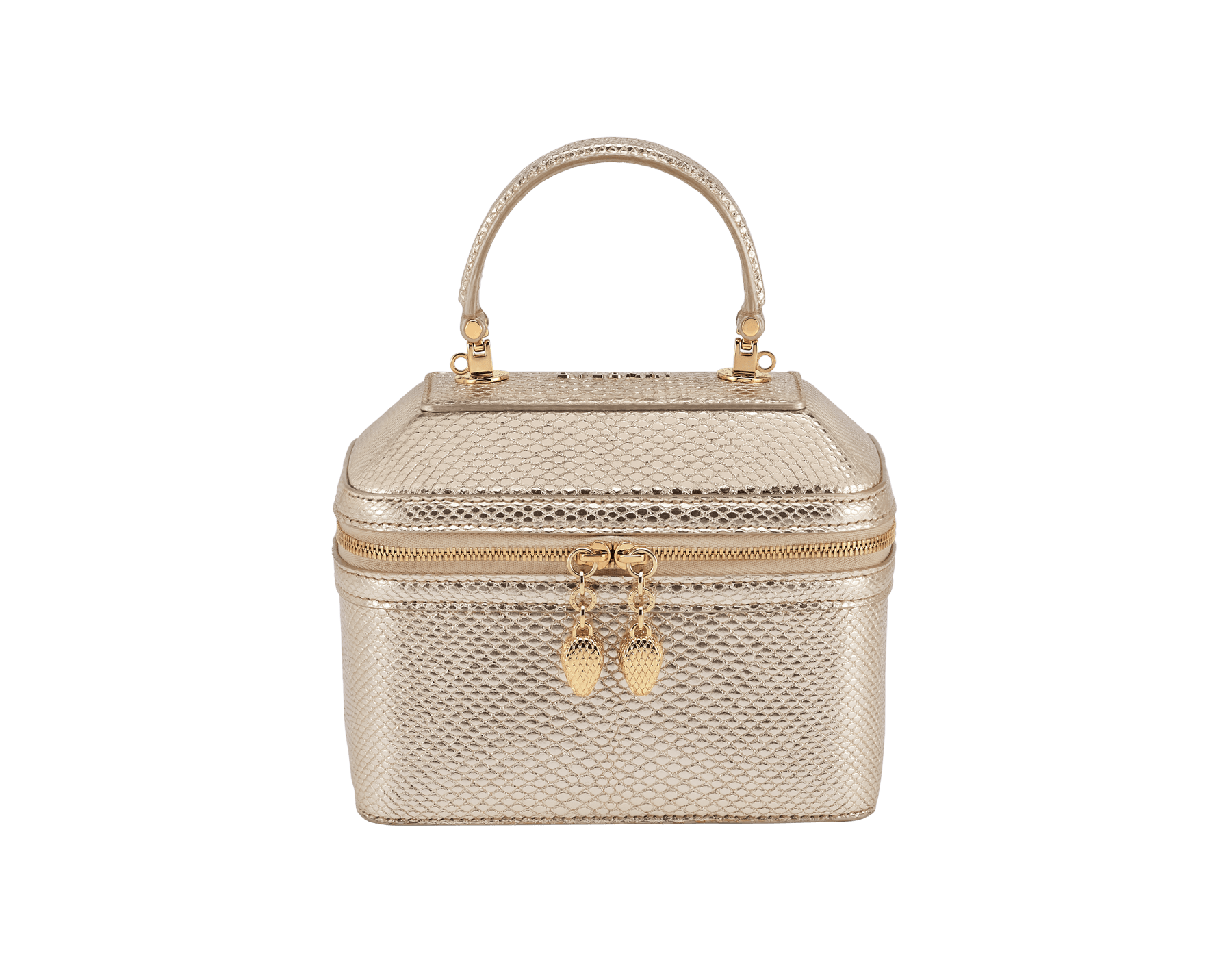 Serpenti Forever jewelry box bag in light gold Molten karung skin with black nappa leather lining. Captivating snakehead zip pullers and chain strap decors in light gold-plated brass. 1177-MoltK image 1