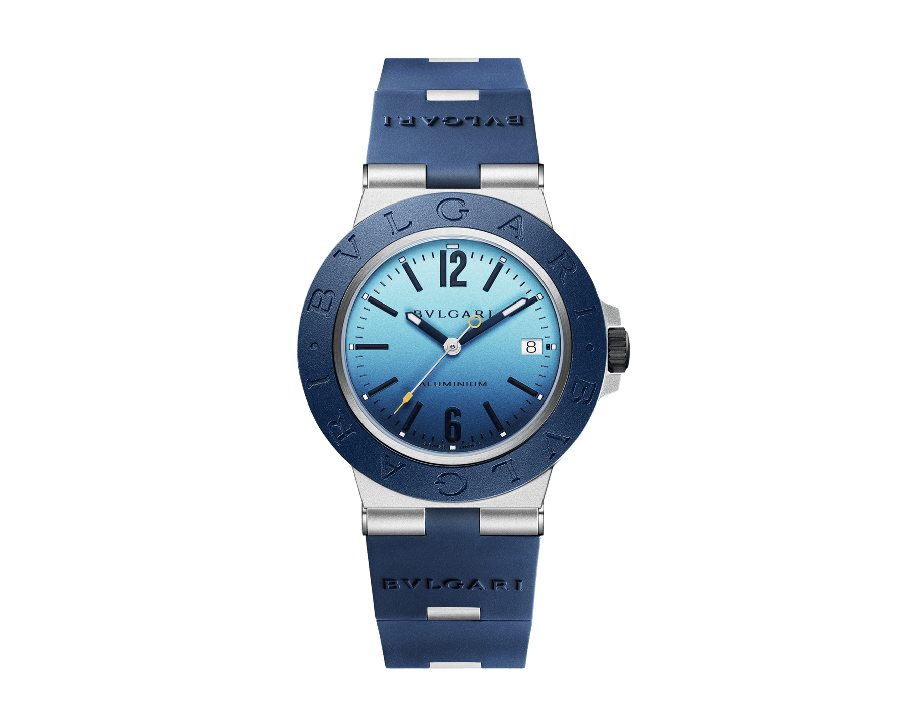 Bvlgari Aluminium Capri Edition watch with mechanical manufacture movement, automatic winding, 40 mm aluminum case, dark blue rubber bezel and bracelet, and blue shaded dial. Water-resistant up to 100 meters. Special Edition limited to 1,000 pieces 103815 image 1