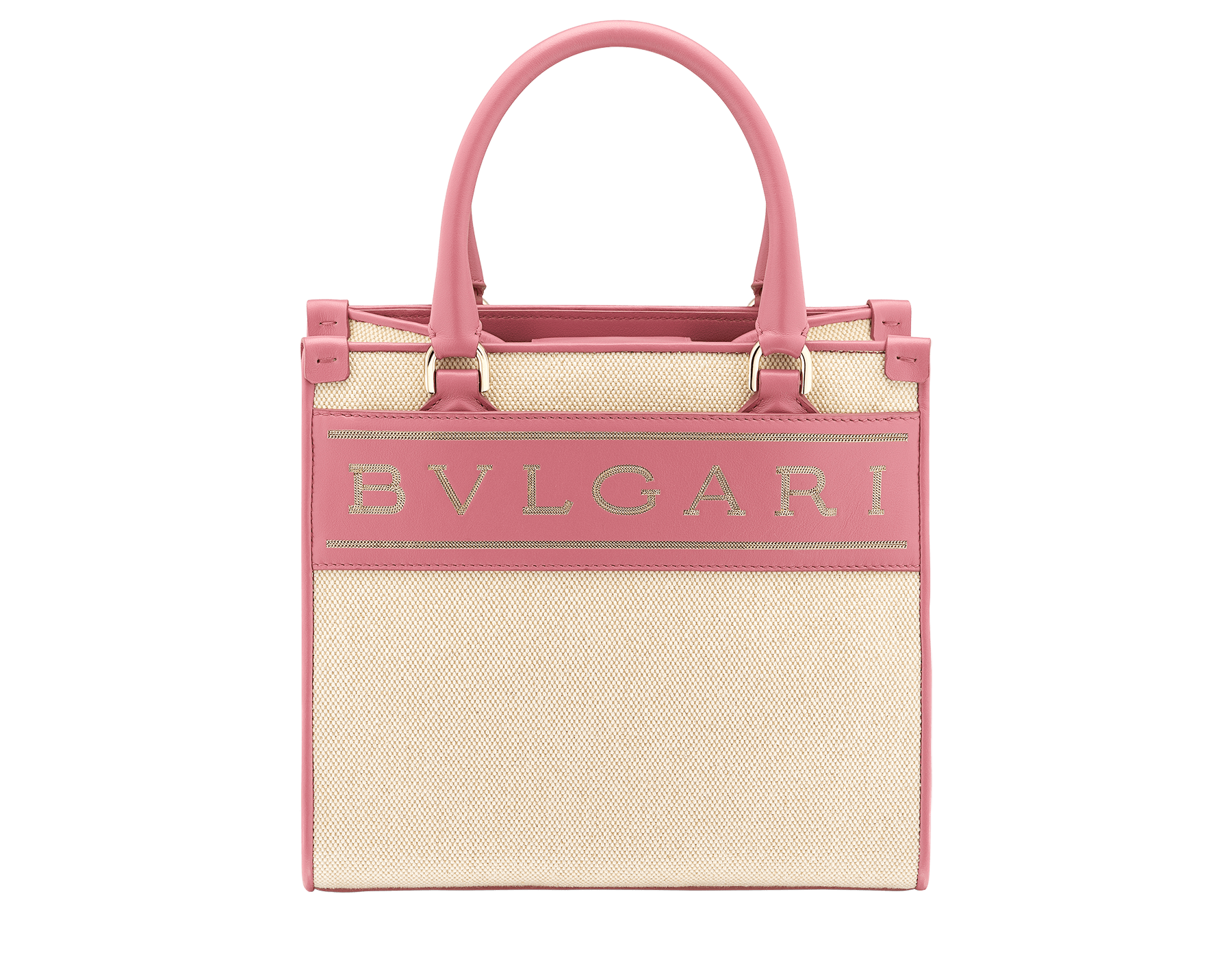 "Bvlgari Logo" small tote bag in Ivory Opal white canvas, with Beet Amethyst purple grosgrain inner lining. Bvlgari logo featured with light gold-plated brass chain inserts on the Ivory Opal white calf leather. BVL-1159-CC image 1