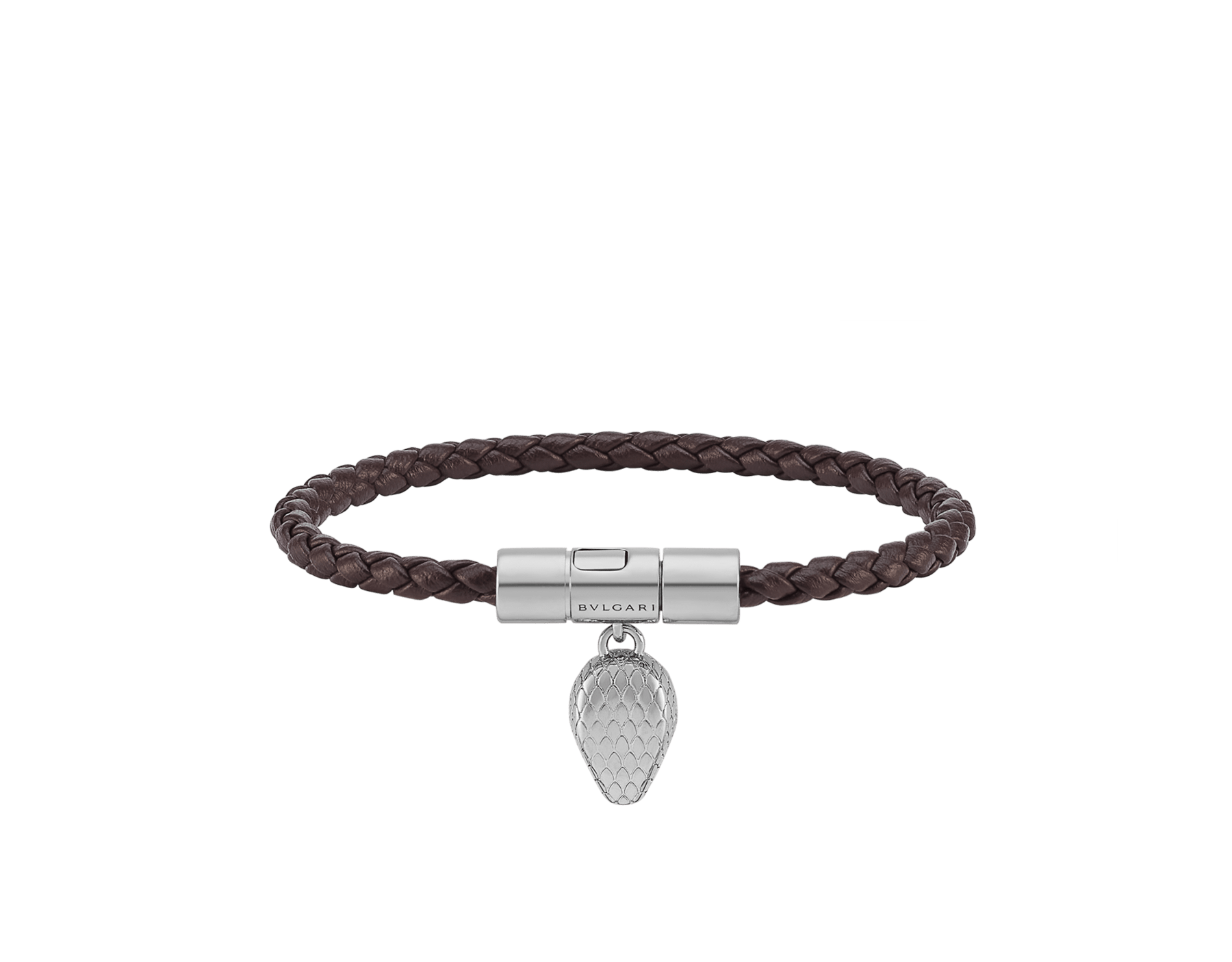Serpenti Forever bracelet in chestnut opal braided calf leather. Palladium-plated brass captivating snakehead charm attached to the front clasp closure. SERP-HER-BRAID-chestopal image 1