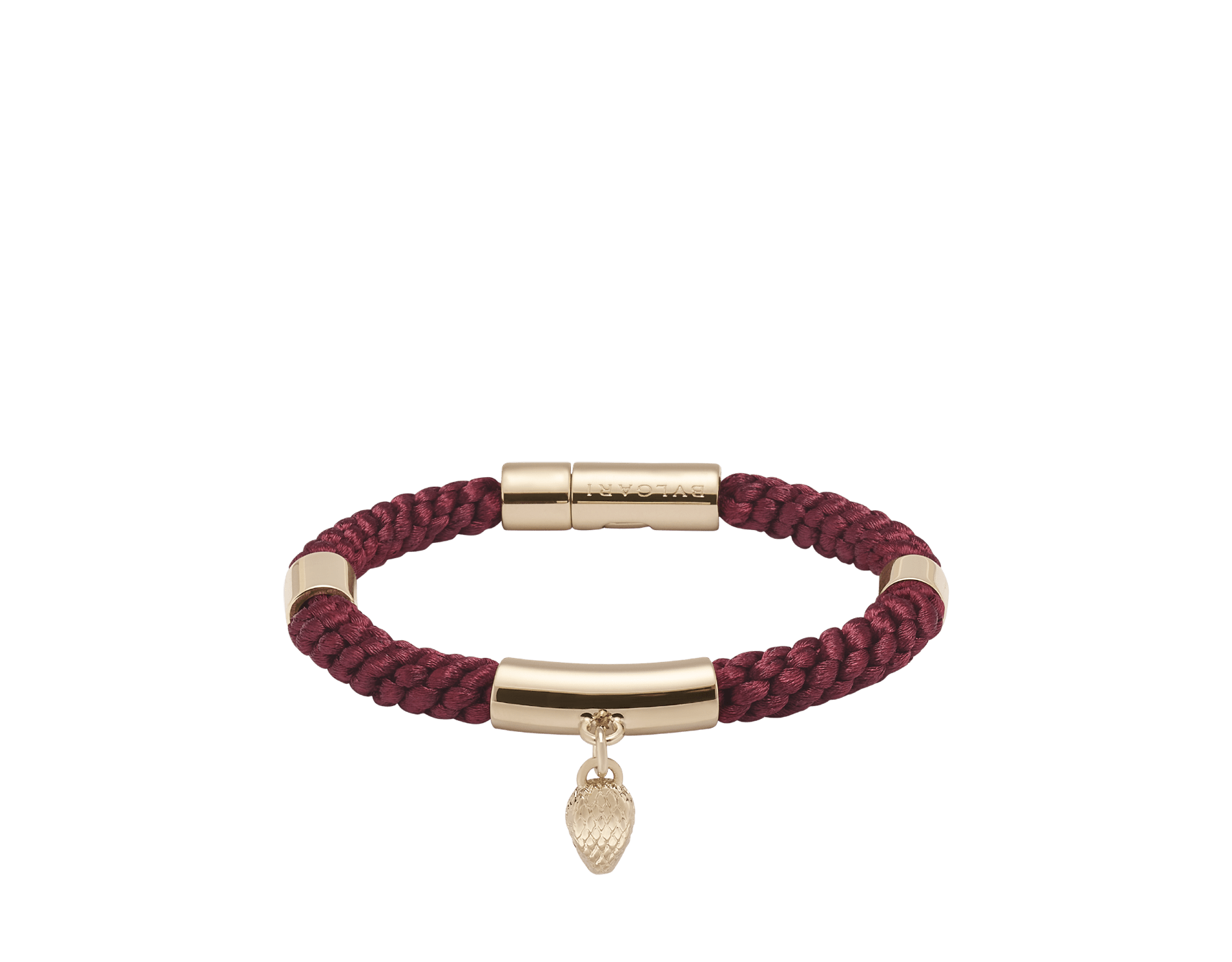 Serpenti Forever Armband aus Webstoff in Anemone Spinel Pinkish-Red. Faszinierender Schlangenkopf-Anhänger aus hell vergoldetem Messing mit Augen aus roter Emaille; Druckknopfverschluss. SERPMULTISTRING-WF-AS image 1