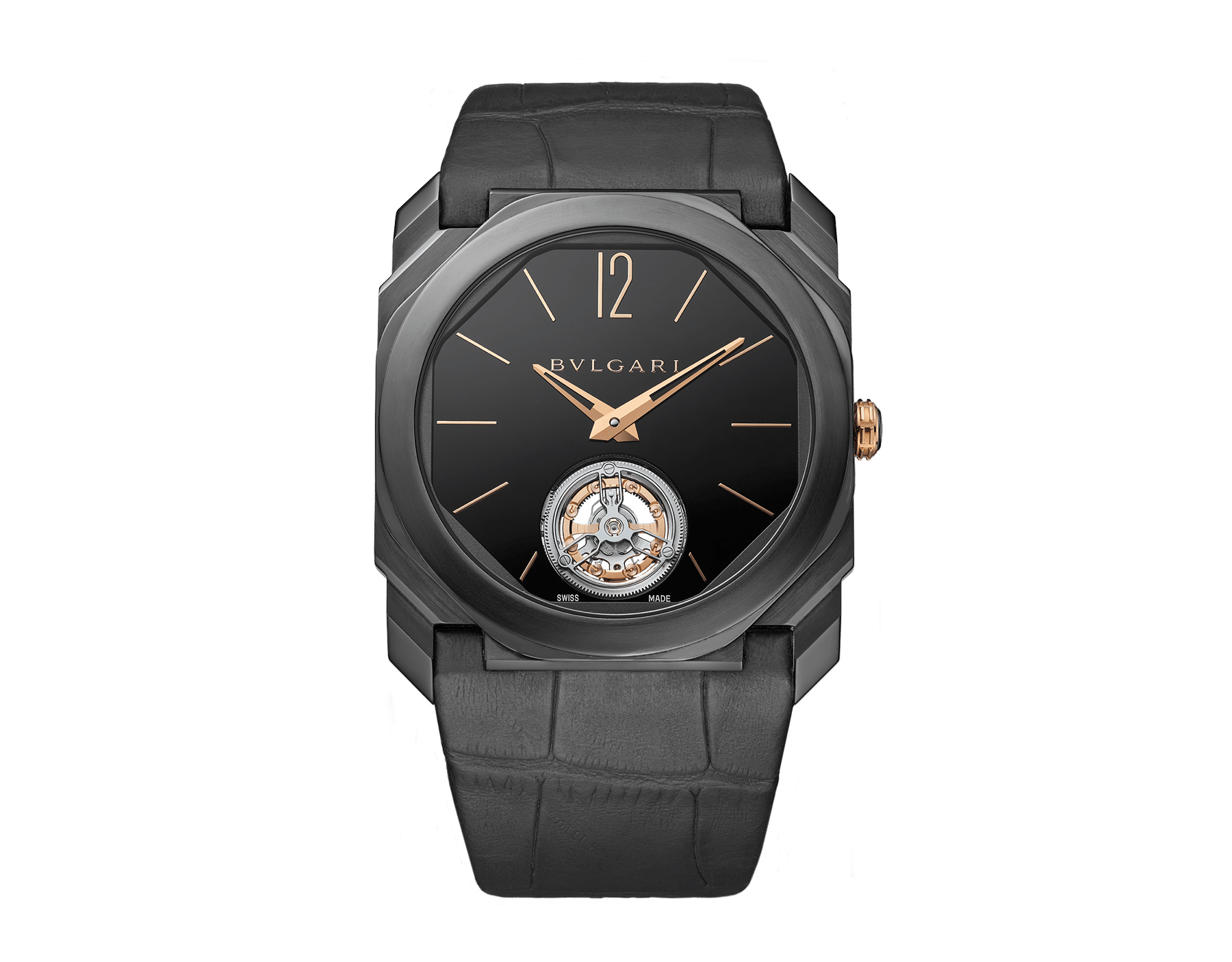 Octo Finissimo Tourbillon watch with extra-thin mechanical manufacture movement, manual winding, ball-bearing system and tourbillon, titanium case with Diamond Like Carbon treatment, black lacquered dial with tourbillon see-through opening and black alligator bracelet. Water-resistant up to 30 metres. 103678 image 1