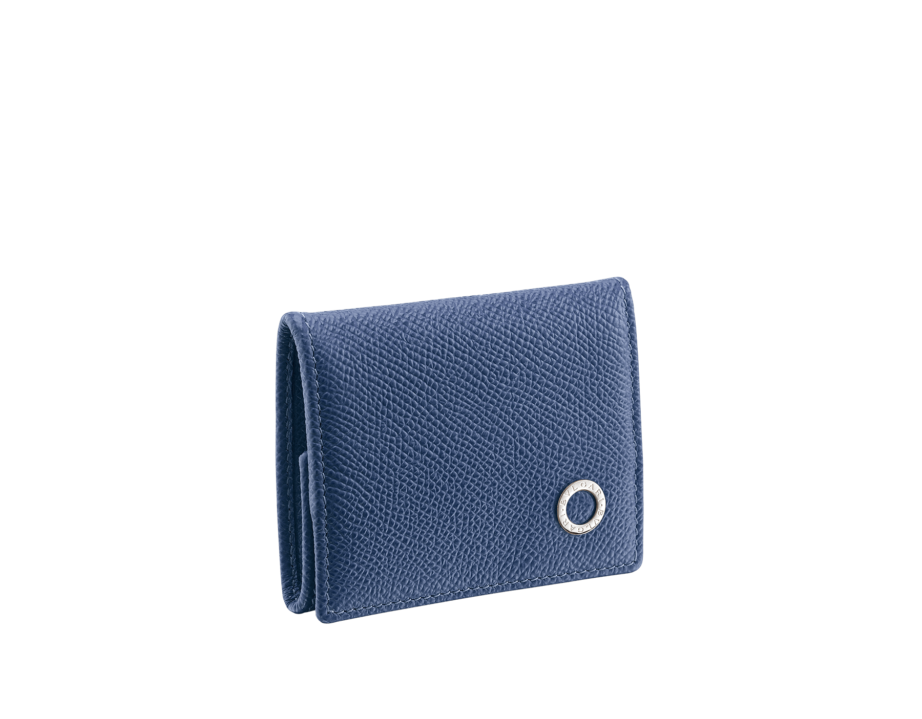 Coin holder in denim sapphire grain calf leather, with brass palladium plated hardware featuring the Bvlgari-Bvlgari motif. BBM-WLT-COIN image 1
