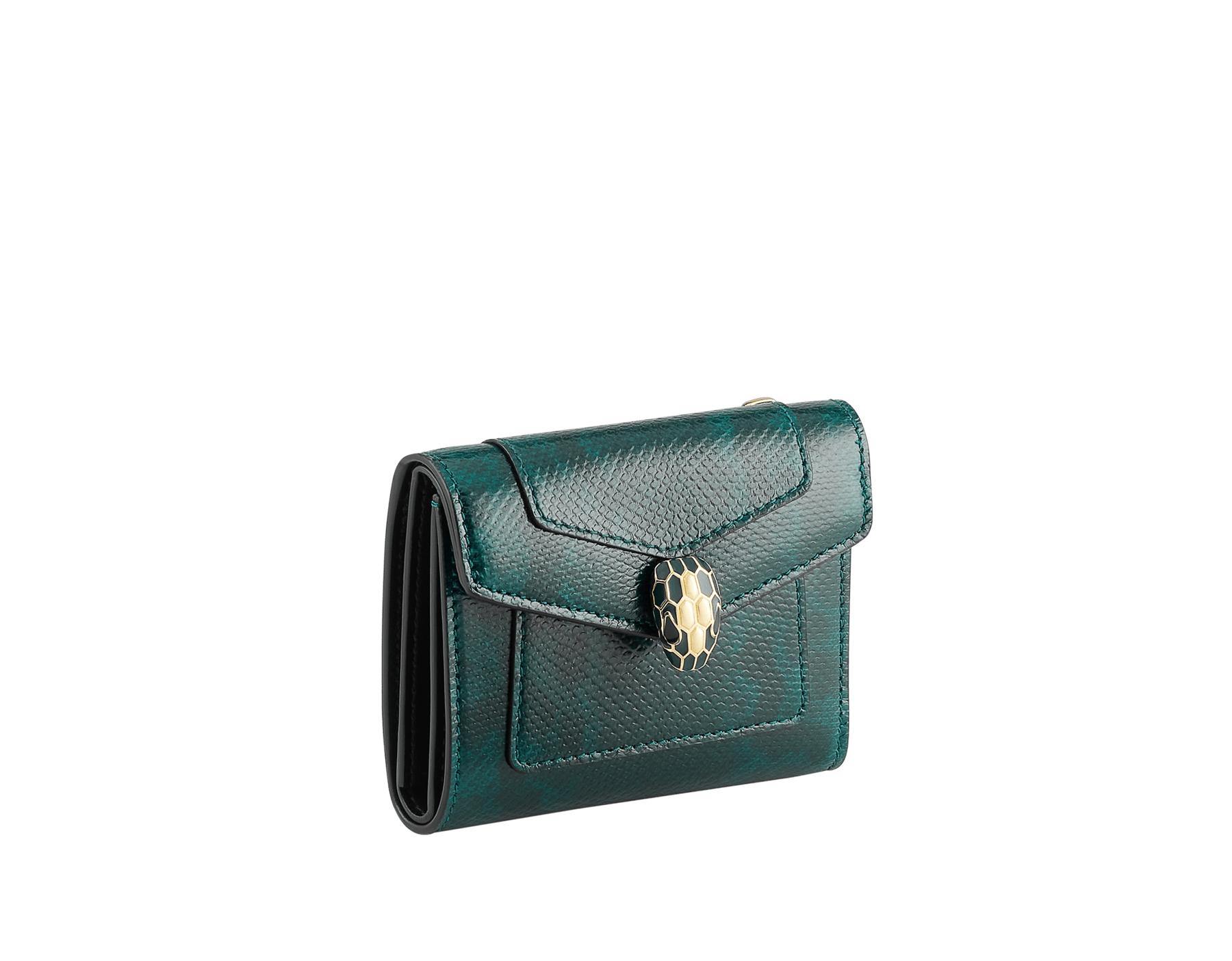 Serpenti Forever compact wallet in shiny midnight plum karung with black nappa leather interior. Captivating snakehead press-button closure in palladium-plated brass embellished with midnight plum enamel and palladium-plated brass scales and black enamel eyes. SEA-SLIM-COMPACT-R-kar image 1