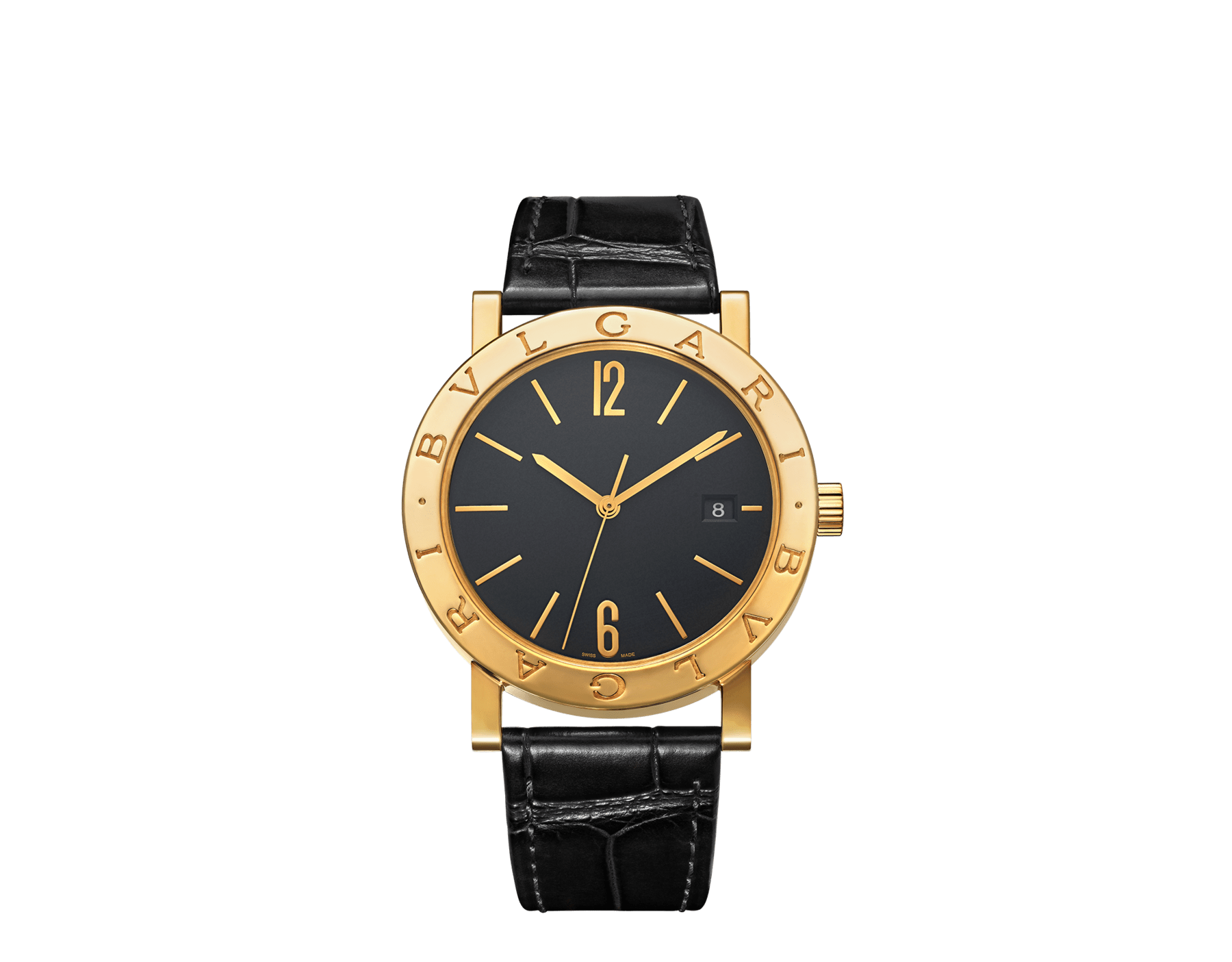 BULGARI BULGARI watch with mechanical automatic in-house movement, 18 kt yellow gold case and bezel engraved with double logo, black opaline dial and black alligator bracelet. Water resistant up to 50 meters 103967 image 1