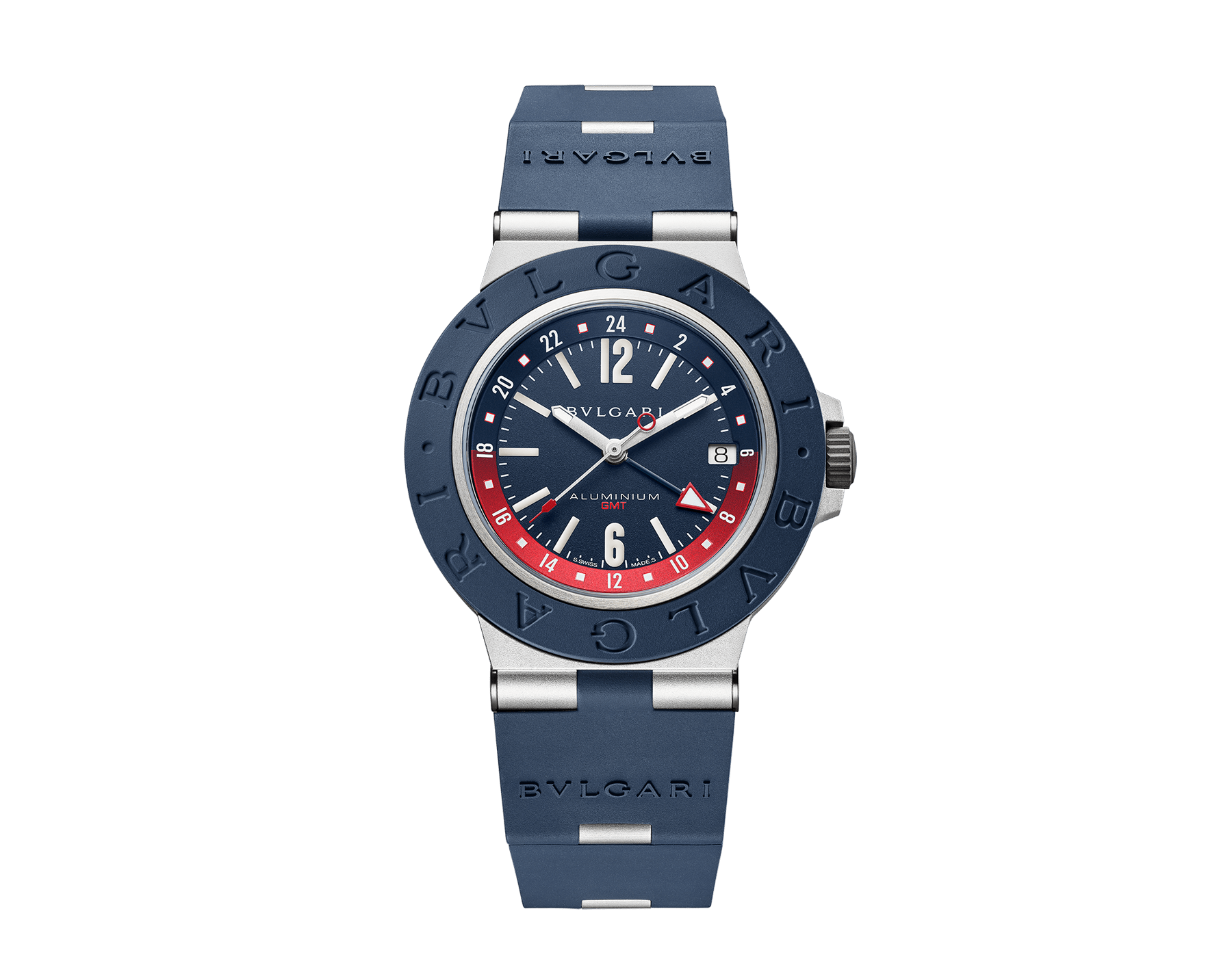 BVLGARI Aluminium GMT watch with mechanical movement, automatic winding, GMT 24h function, 40 mm aluminium case, blue rubber bezel with double logo engraving, blue dial, SLN indexes and hands, titanium caseback, aluminium links and blue rubber bracelet. Water-resistant up to 100 metres 103554 image 1