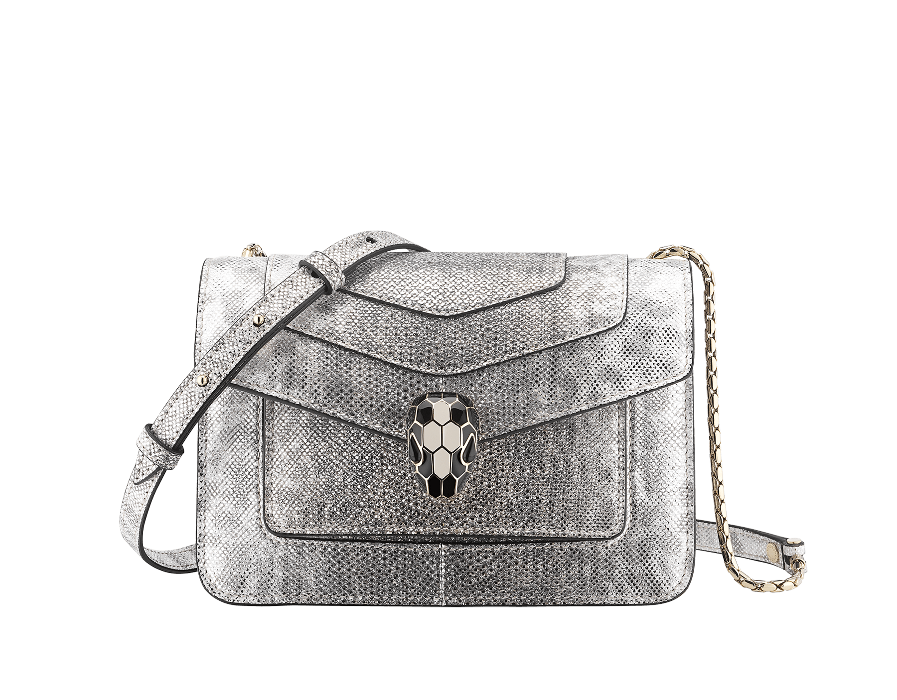 “Serpenti Forever” crossbody bag in charcoal diamond metallic karung skin. Iconic snakehead closure in light gold plated brass enriched with black and glitter hawk's eye enamel and black onyx eyes. 1082-MK image 1