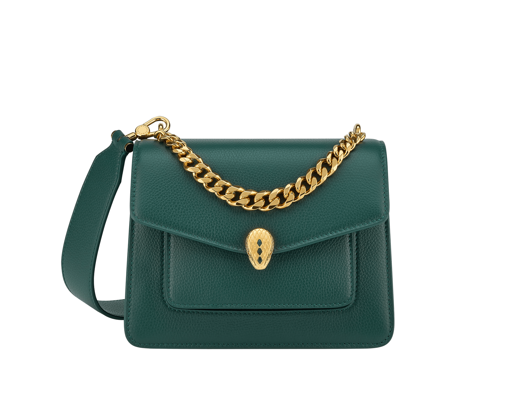 Serpenti Forever Maxi Chain small crossbody bag in flash diamond white grained calf leather with foggy opal grey nappa leather lining. Captivating snakehead magnetic closure in gold-plated brass embellished with white mother-of-pearl scales and red enamel eyes. 1134-MCGC image 1