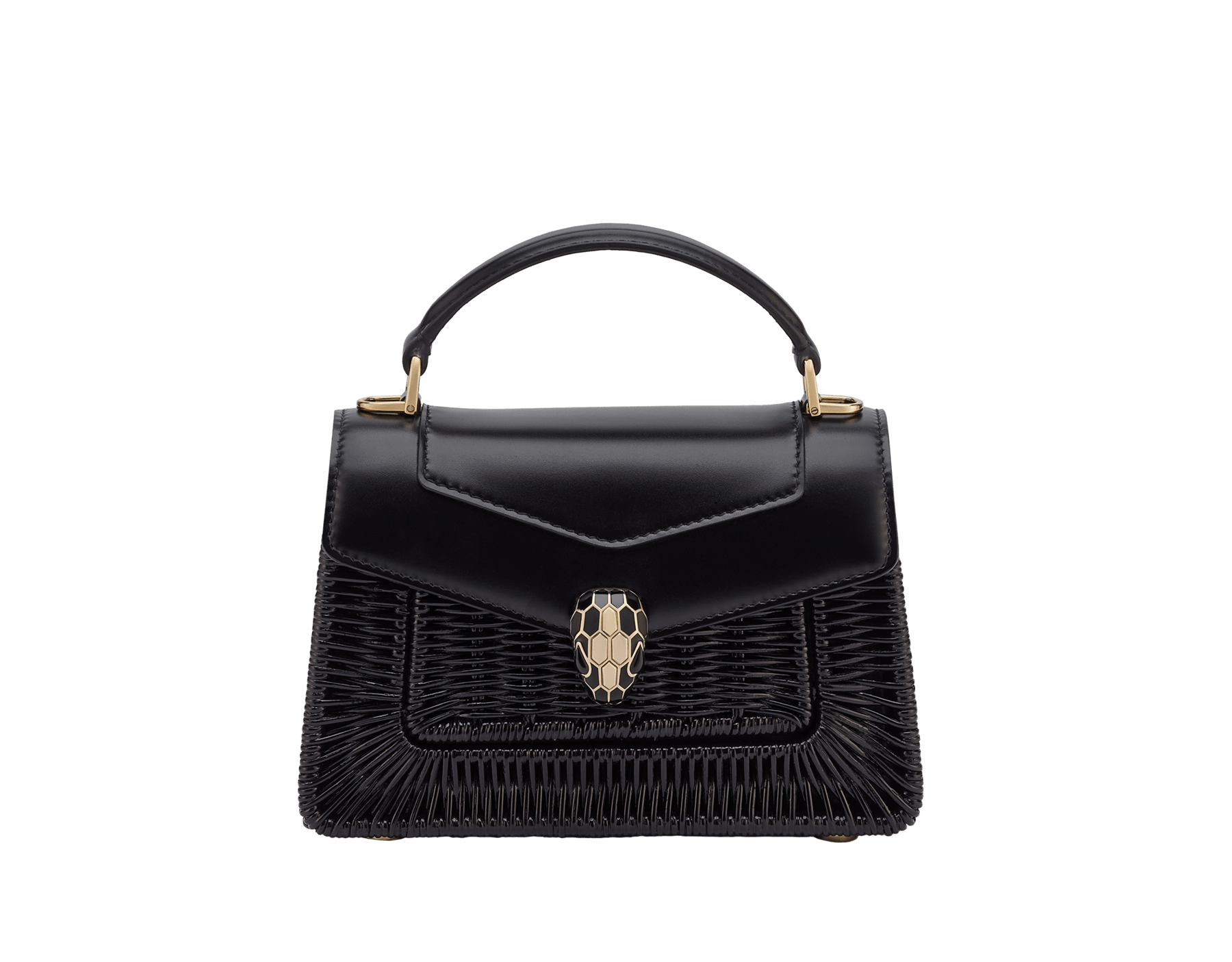 Mini borsa a mano Serpenti Forever con intreccio di vimini rosa, dettagli in vitello rosa e fodera in nappa rosa. Accattivante chiusura magnetica Serpenti in ottone placcato oro chiaro con squame in smalto rosa e ottone placcato oro chiaro e occhi placcati oro. SEA-1283-W image 1