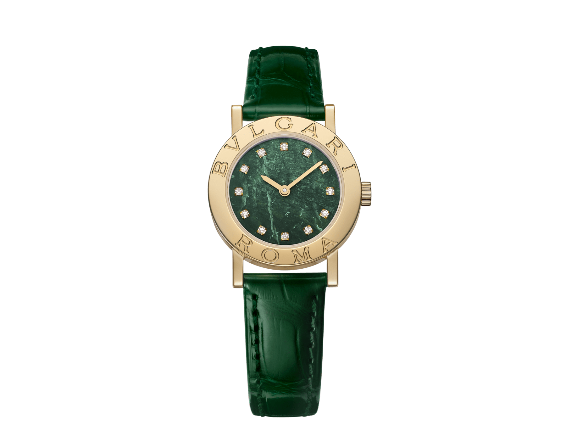 Montre Bvlgari Bvlgari 50e Anniversaire en édition limitée avec boîtier en or jaune 18 K et lunette gravée du logo BVLGARI ROMA, cadran en marbre vert Verde Alpi, 12 index sertis de diamants et bracelet en alligator vert foncé. Étanche jusqu’à 30 mètres 104111 image 1